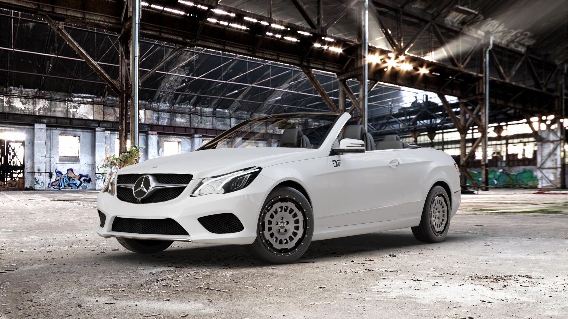 Twin Monotube Projekt FE-AT1 Stone Felge mit Reifen grau schwarz in 17Zoll Winterfelge Alufelge auf weissem Mercedes E-Klasse Typ A207 Cabriolet Facelift Cabrio ⬇️ mit 15mm Tieferlegung ⬇️ Old Industrial Hall_max_5300mm_2024 Frontansicht_1
