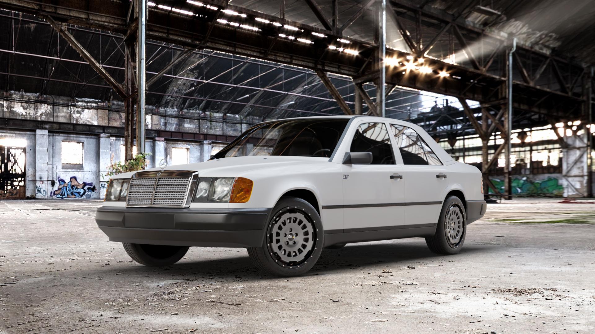 Twin Monotube Projekt FE-AT1 Stone Felge mit Reifen grau schwarz in 17Zoll Winterfelge Alufelge auf weissem Mercedes E-Klasse Typ W124 Limousine ⬇️ mit 15mm Tieferlegung ⬇️ Old Industrial Hall_max_5300mm_2024 Frontansicht_1