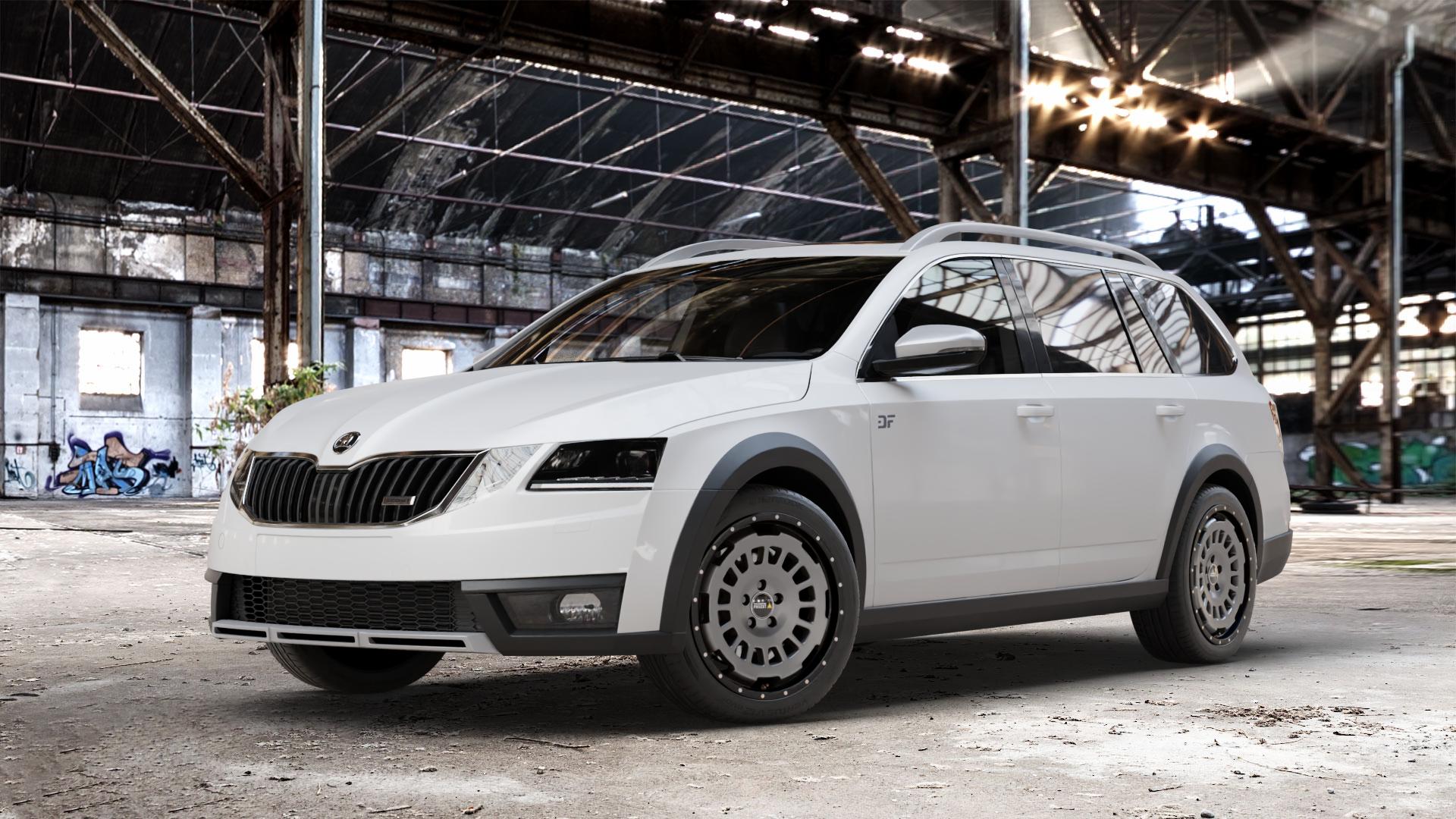 Twin Monotube Projekt FE-AT1 Stone Felge mit Reifen grau schwarz in 17Zoll Winterfelge Alufelge auf weissem Skoda Octavia III Scout Typ 5E Facelift ⬇️ mit 15mm Tieferlegung ⬇️ Old Industrial Hall_max_4400mm_2024 Frontansicht_1