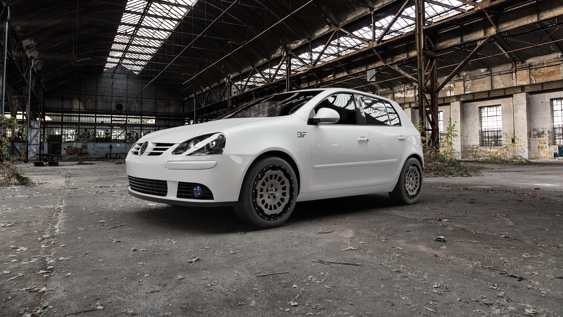 Twin Monotube Projekt FE-AT1 Stone Felge mit Reifen grau schwarz in 17Zoll Winterfelge Alufelge auf weissem Volkswagen (VW) Golf 5 Plus ⬇️ mit 15mm Tieferlegung ⬇️ Old Industrial Hall_max5000mm_2022 Frontansicht_1