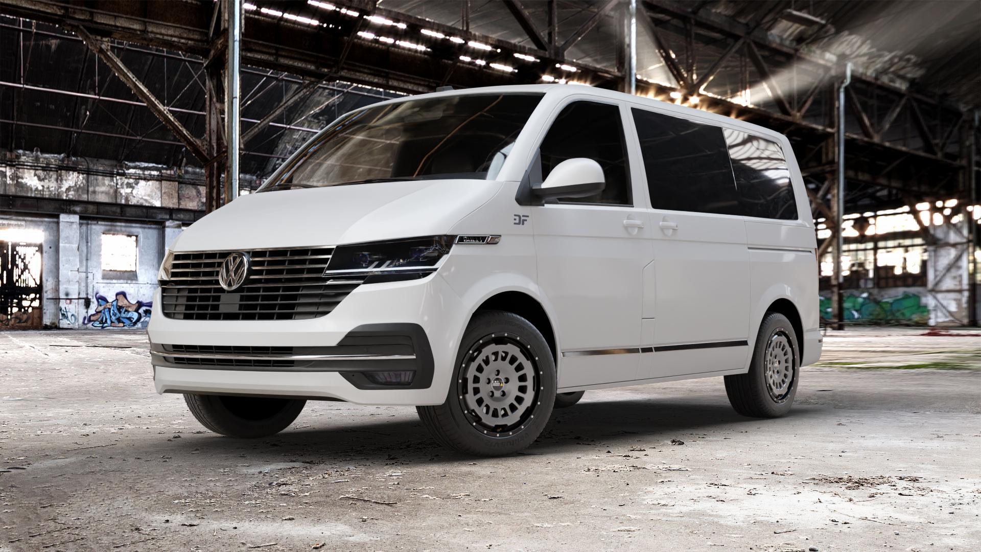 Twin Monotube Projekt FE-AT1 Stone Felge mit Reifen grau schwarz in 17Zoll Winterfelge Alufelge auf weissem Volkswagen (VW) T6.1 Kombi Multivan ⬇️ mit 15mm Tieferlegung ⬇️ Old Industrial Hall_max_5300mm_2024 Frontansicht_1