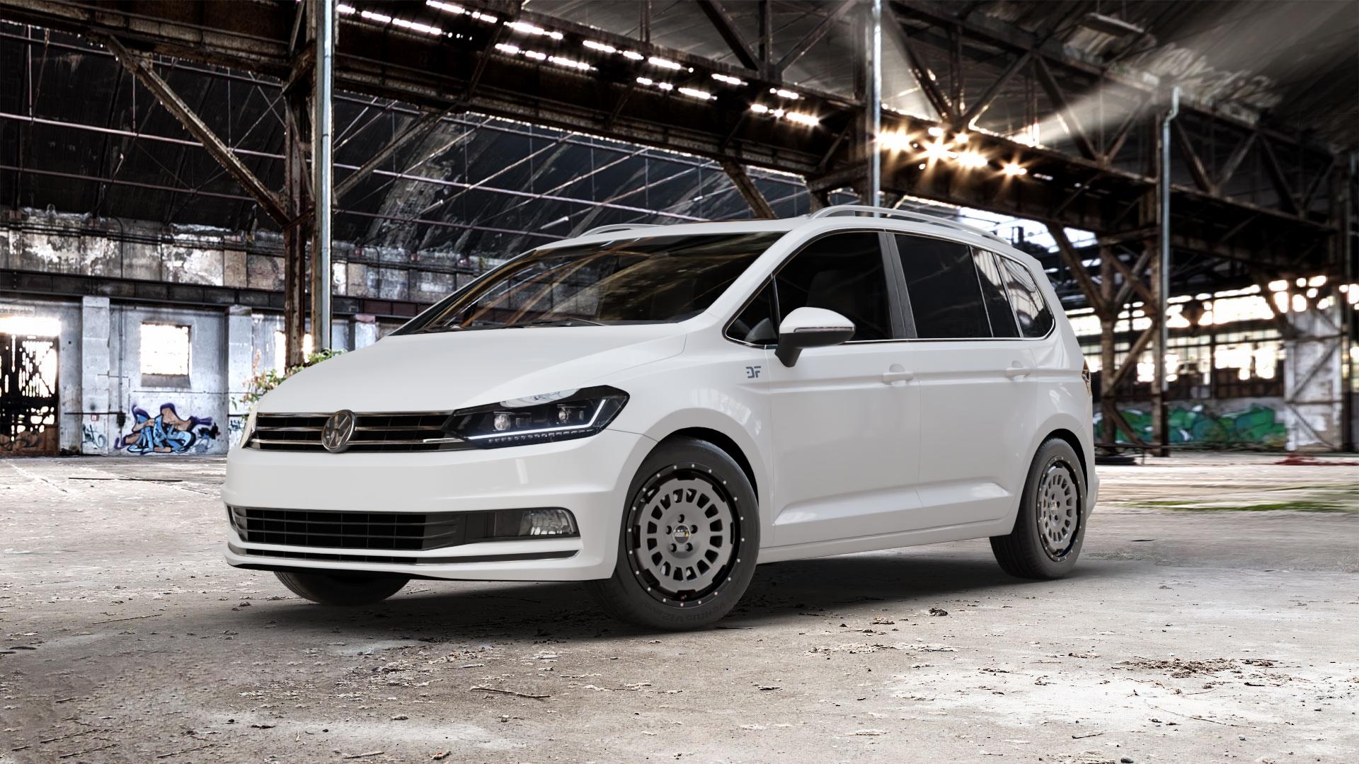 Twin Monotube Projekt FE-AT1 Stone Felge mit Reifen grau schwarz in 17Zoll Winterfelge Alufelge auf weissem Volkswagen (VW) Touran III Typ 1T (15->) ⬇️ mit 15mm Tieferlegung ⬇️ Old Industrial Hall_max_5300mm_2024 Frontansicht_1
