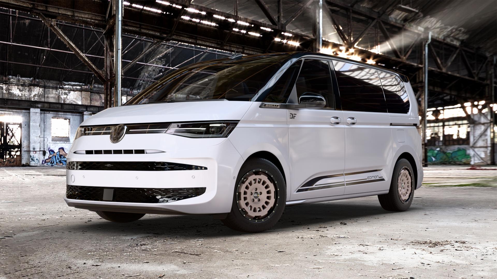Twin Monotube Projekt FE-AT1 Terra Felge mit Reifen gold schwarz in 17Zoll Winterfelge Alufelge auf weissem und schwarzem Volkswagen (VW) T7 Multivan Bus ⬇️ mit 15mm Tieferlegung ⬇️ Old Industrial Hall_max_5300mm_2024 Frontansicht_1