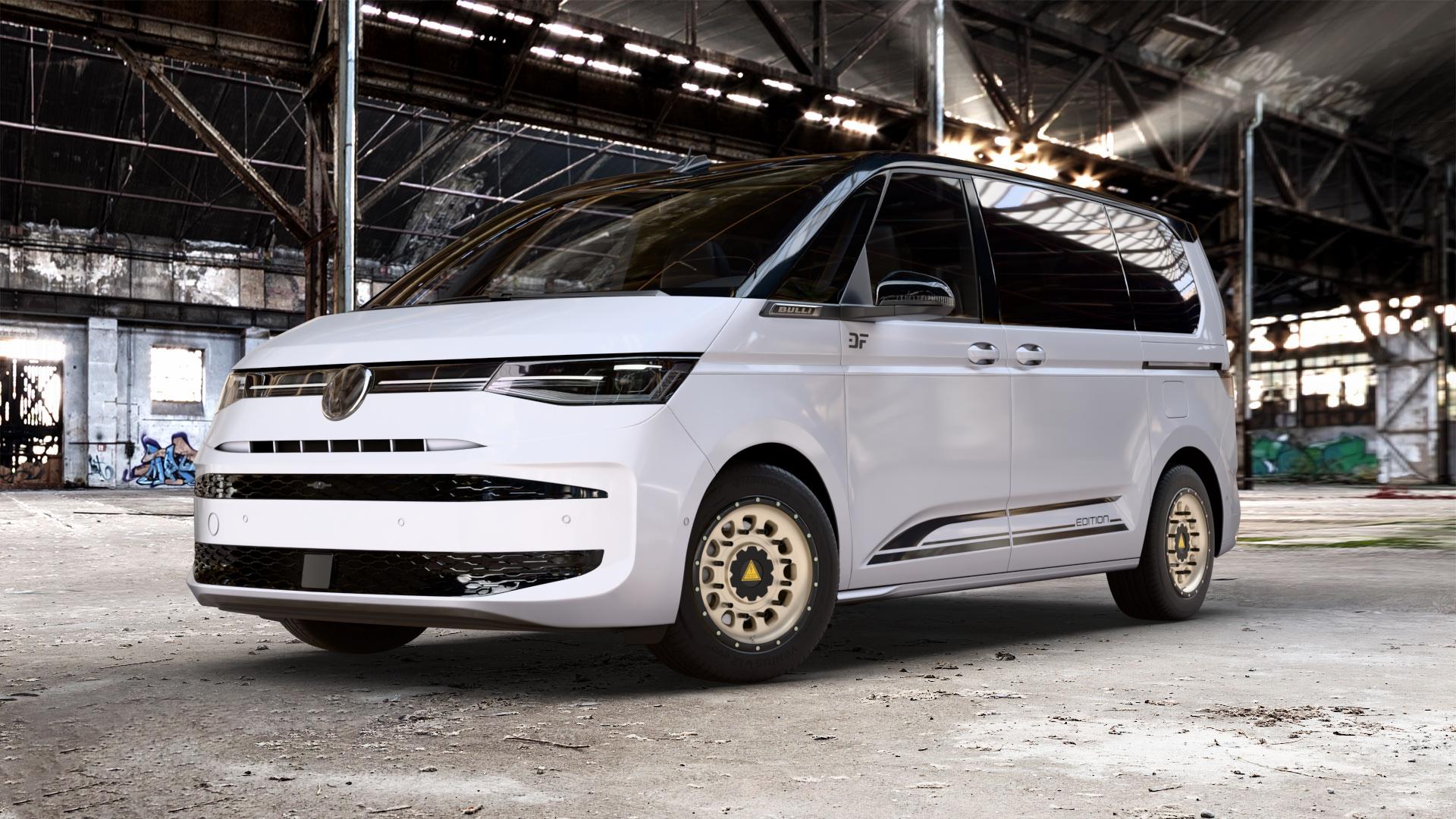Twin Monotube Projekt FE-AT3-FULLCAP-VSB Terra Felge mit Reifen gold in 17Zoll Winterfelge Alufelge auf weissem und schwarzem Volkswagen (VW) T7 Multivan Bus ⬇️ mit 15mm Tieferlegung ⬇️ Old Industrial Hall_max_5300mm_2024 Frontansicht_1