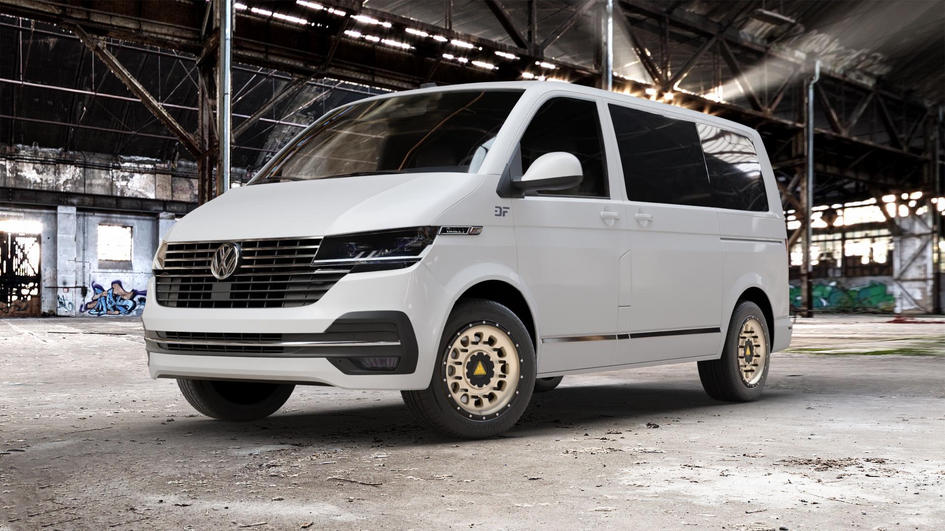 Twin Monotube Projekt FE-AT3-FULLCAP-VSB Terra Felge mit Reifen gold in 17Zoll Winterfelge Alufelge auf weissem Volkswagen (VW) T6.1 Kombi Multivan ⬇️ mit 15mm Tieferlegung ⬇️ Old Industrial Hall_max_5300mm_2024 Frontansicht_1