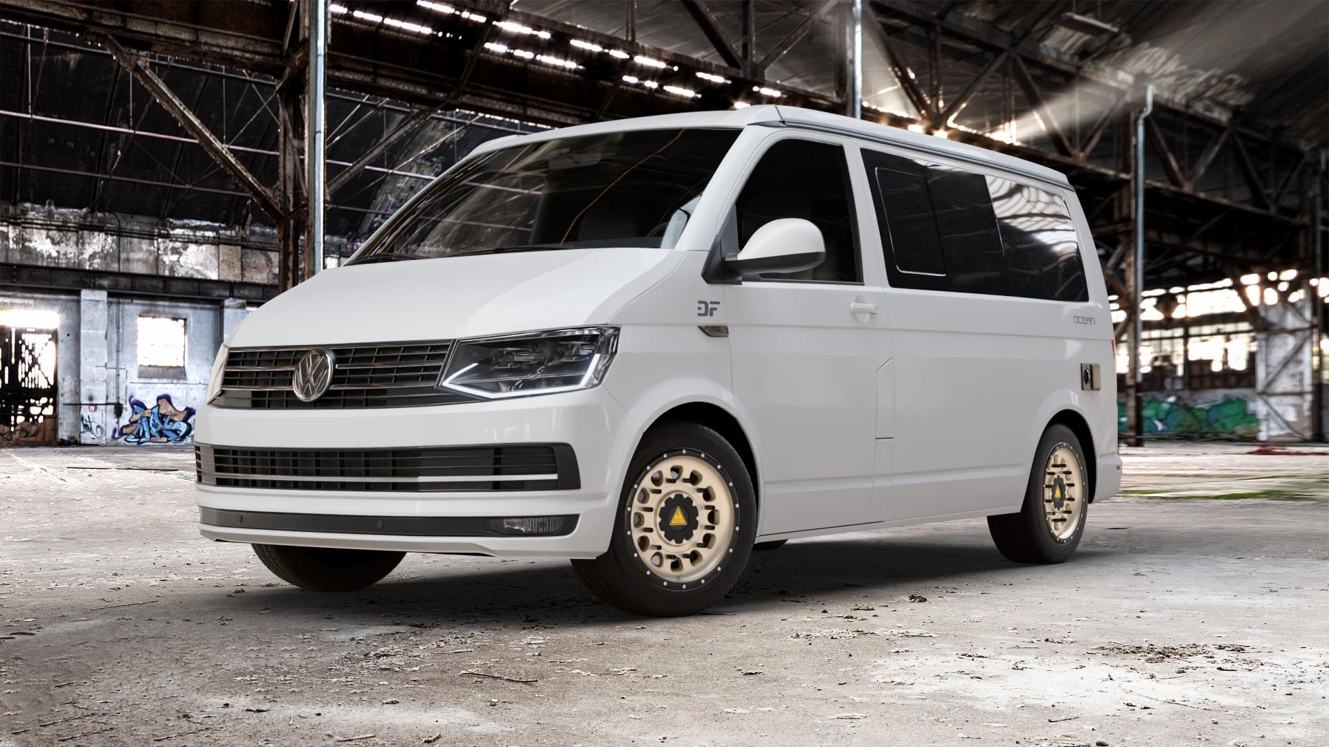 Twin Monotube Projekt FE-AT3-FULLCAP-VSB Terra Felge mit Reifen gold in 17Zoll Winterfelge Alufelge auf weissem Volkswagen (VW) T6 California Beach ⬇️ mit 15mm Tieferlegung ⬇️ Old Industrial Hall_max_5300mm_2024 Frontansicht_1