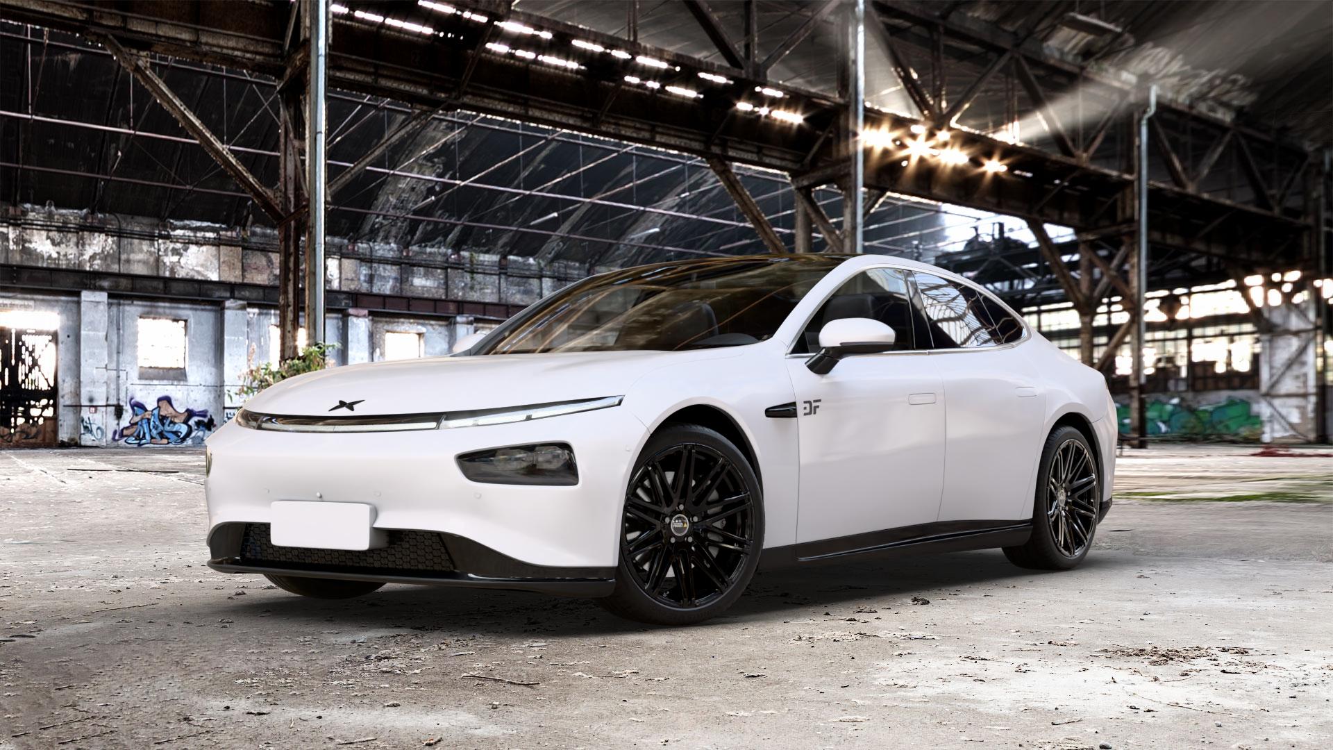 Twin Monotube Projekt FE Glanz Schwarz Felge mit Reifen in 20Zoll Winterfelge Alufelge auf weissem Xpeng P7 Typ P7B 0,0l 80kW (109 PS) 100kW AWD (136 124kW (169 ⬇️ mit 15mm Tieferlegung ⬇️ Old Industrial Hall_max_5300mm_2024 Frontansicht_1