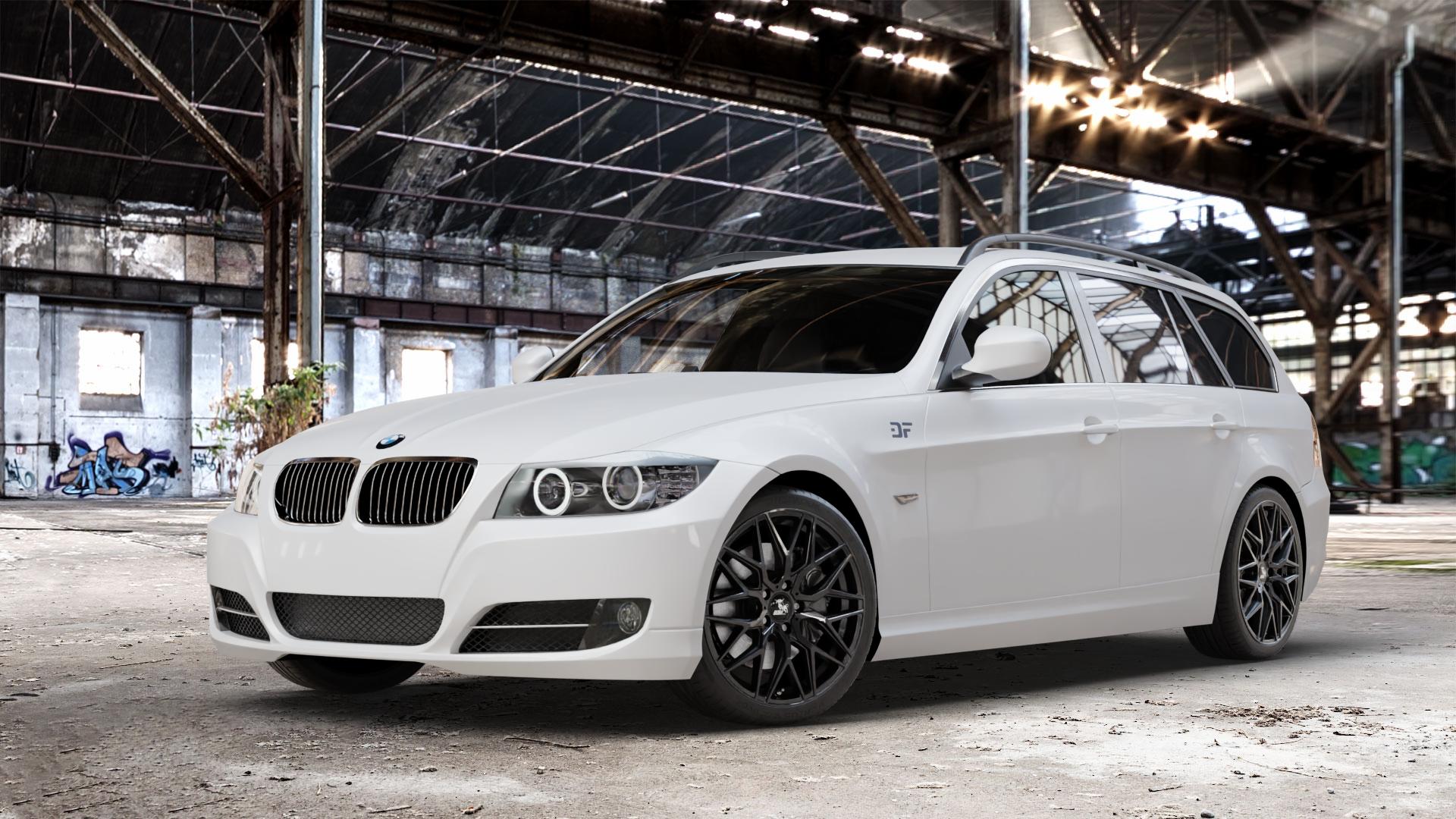 Ultrawheels UA1E BLACK Felge mit Reifen schwarz in 18Zoll Winterfelge Alufelge auf weissem BMW 318i Typ E91 (Touring) 320i 325i 330i 320d 330d 318d 325xi 330xi 335i 335d 325d 330xd 335xi 320xd 316d 316i 3er Touring (390L, 390X, 3K, 3K-N1) ⬇️ mit 15mm Tieferlegung ⬇️ Old Industrial Hall_max_4400mm_2024 Frontansicht_1