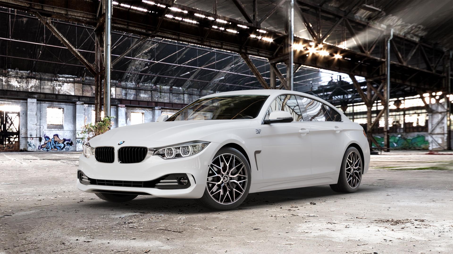 Ultrawheels UA1E BLACK POLISHED Felge mit Reifen silber schwarz in 18Zoll Winterfelge Alufelge auf weissem BMW 418d Typ F36 (Gran Coupe) 420d xDrive 420i 428i 435i 430d 440i 418i 430i 425d 4er Gran Coupe (3C) ⬇️ mit 15mm Tieferlegung ⬇️ Old Industrial Hall_max_5300mm_2024 Frontansicht_1