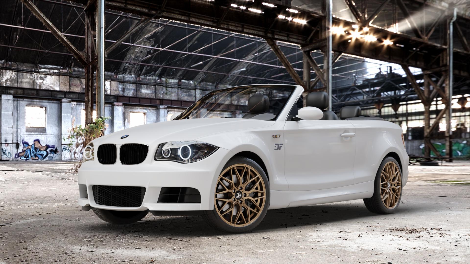 Ultrawheels UA1E BRONZE MATT Felge mit Reifen in 18Zoll Winterfelge Alufelge auf weissem BMW 118i Typ E88 (Cabriolet) 120d 120i 125i 135i 123d 118d 1er Cabrio (182, 1C) ⬇️ mit 15mm Tieferlegung ⬇️ Old Industrial Hall_max_4400mm_2024 Frontansicht_1