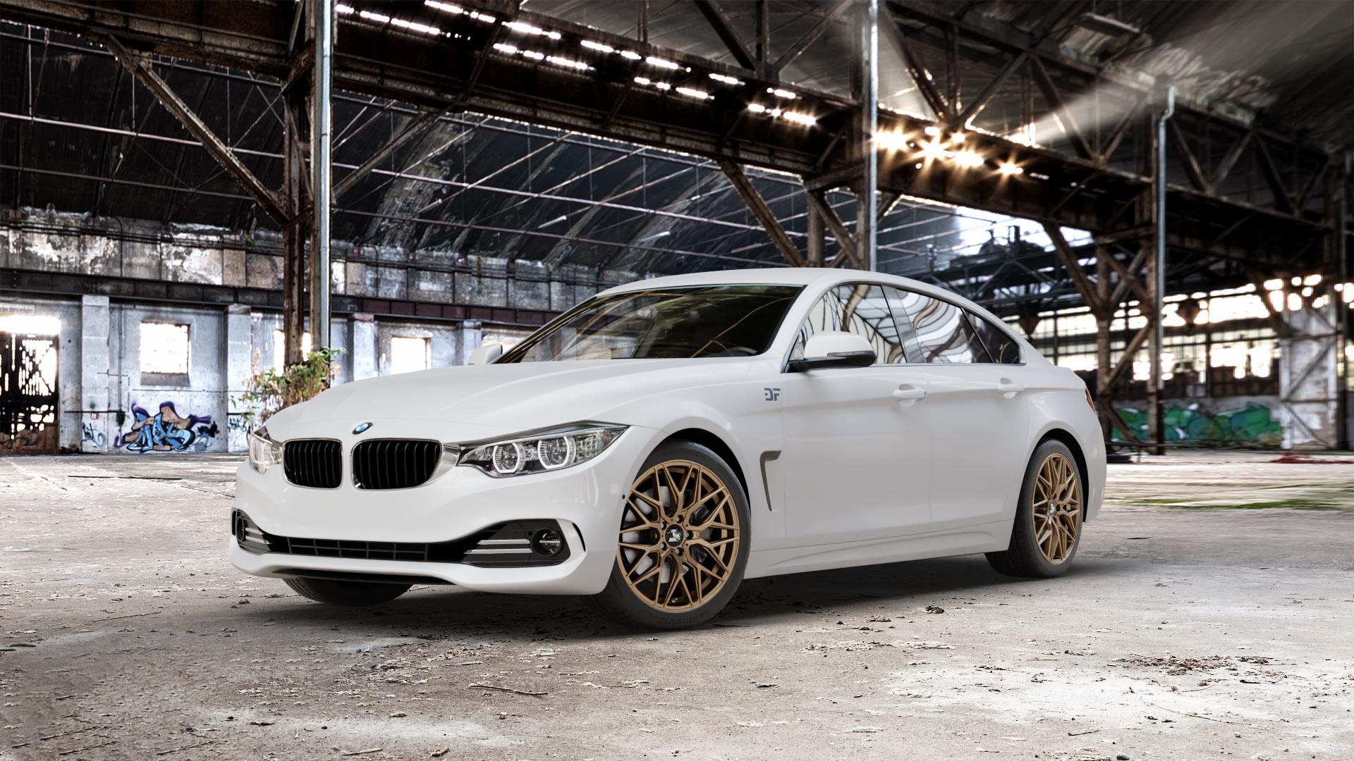 Ultrawheels UA1E BRONZE MATT Felge mit Reifen in 18Zoll Winterfelge Alufelge auf weissem BMW 418d Typ F36 (Gran Coupe) 420d xDrive 420i 428i 435i 430d 440i 418i 430i 425d 4er Gran Coupe (3C) ⬇️ mit 15mm Tieferlegung ⬇️ Old Industrial Hall_max_5300mm_2024 Frontansicht_1