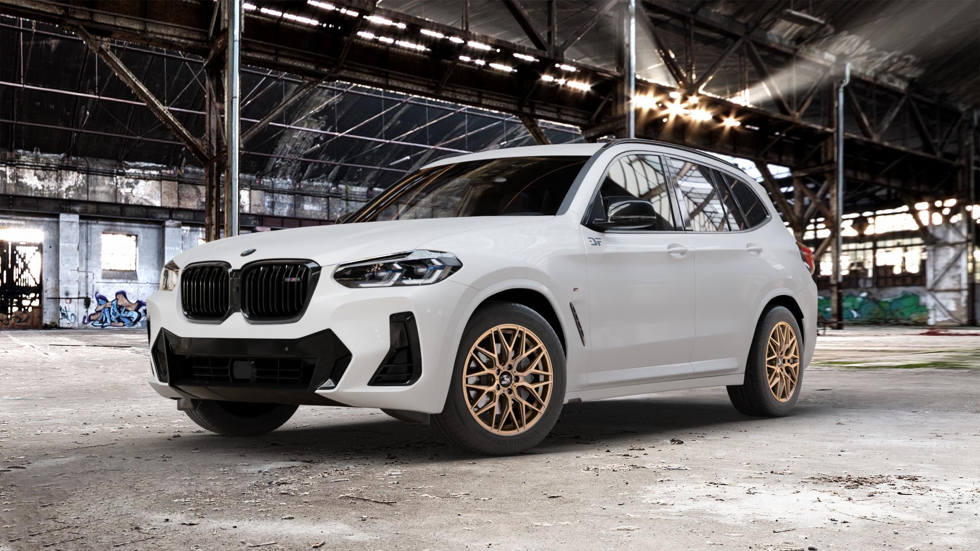 Ultrawheels UA1E BRONZE MATT Felge mit Reifen in 18Zoll Winterfelge Alufelge auf weissem BMW X3 Typ G01 (G3X) Facelift ⬇️ mit 15mm Tieferlegung ⬇️ Old Industrial Hall_max_5300mm_2024 Frontansicht_1