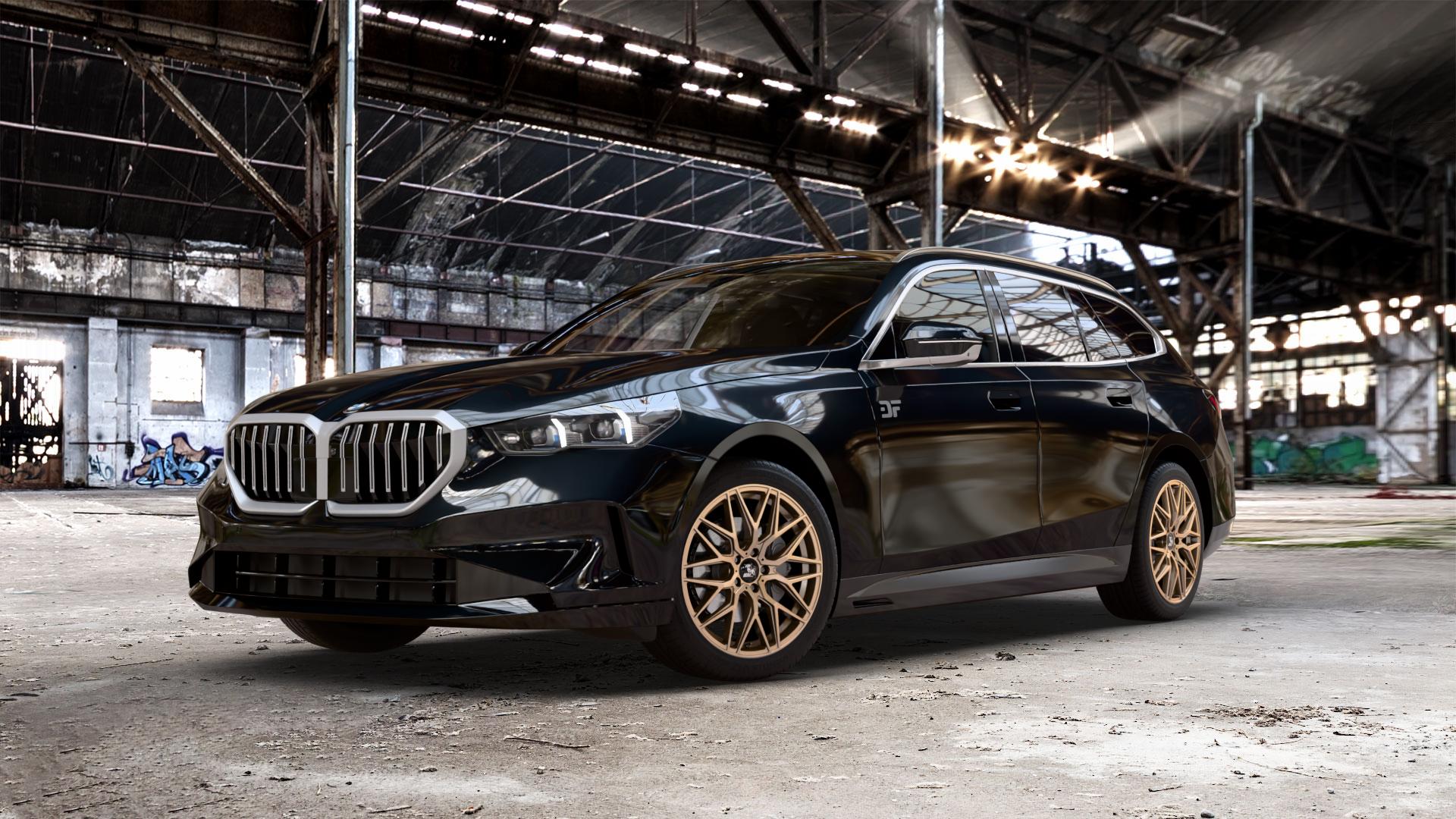 Ultrawheels UA1E BRONZE MATT Felge mit Reifen in 19Zoll Winterfelge Alufelge auf schwarzem metallic BMW 520d Typ G61 (Touring) xDrive 5er Touring (G6K) ⬇️ mit 15mm Tieferlegung ⬇️ Old Industrial Hall_max_5300mm_2024 Frontansicht_1