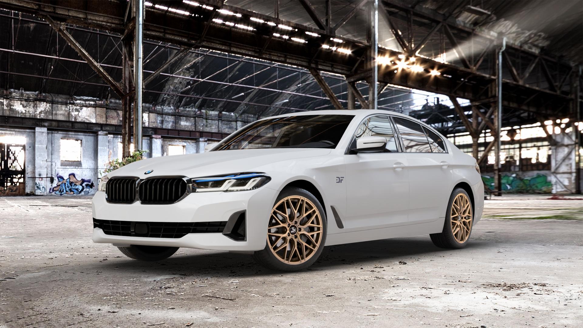 Ultrawheels UA1E BRONZE MATT Felge mit Reifen in 19Zoll Winterfelge Alufelge auf weissem BMW 5er G30 Limousine (G5L) Facelift ⬇️ mit 15mm Tieferlegung ⬇️ Old Industrial Hall_max_5300mm_2024 Frontansicht_1