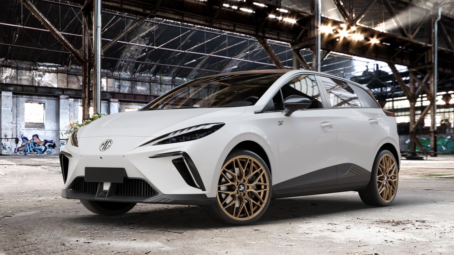 Ultrawheels UA1E BRONZE MATT Felge mit Reifen in 19Zoll Winterfelge Alufelge auf weissem MG MG4 Typ SEH3 ⬇️ mit 15mm Tieferlegung ⬇️ Old Industrial Hall_max_4400mm_2024 Frontansicht_1