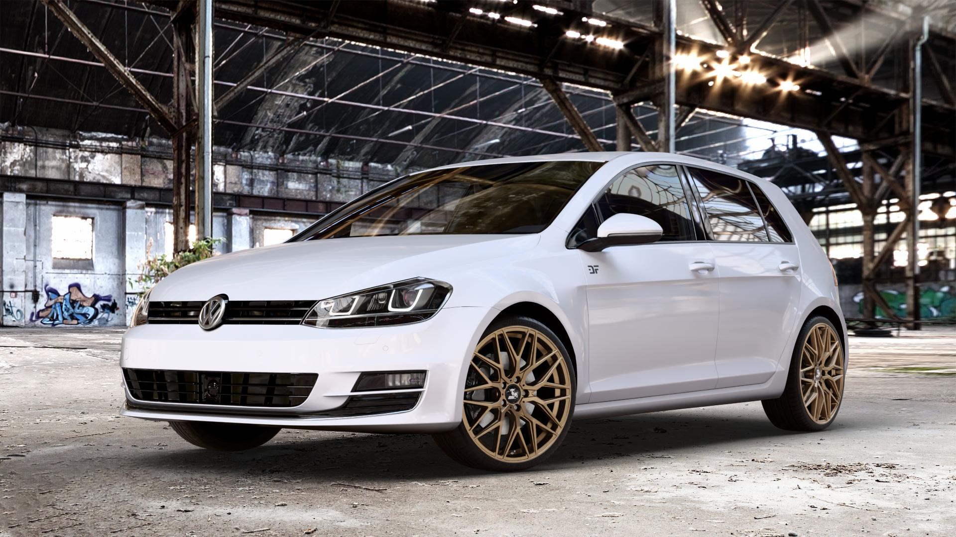 Ultrawheels UA1E BRONZE MATT Felge mit Reifen in 19Zoll Winterfelge Alufelge auf weissem Volkswagen (VW) Golf 7 ⬇️ mit 15mm Tieferlegung ⬇️ Old Industrial Hall_max_4400mm_2024 Frontansicht_1