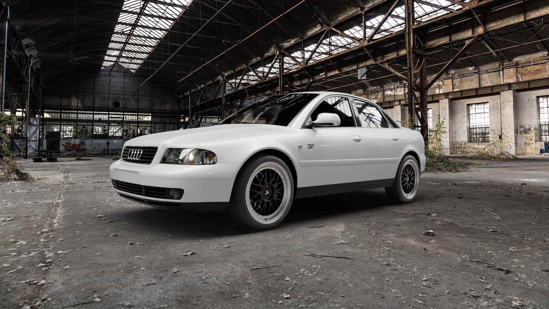 Ultrawheels UA3 BLACK / LIP POLISHED Felge mit Reifen silber schwarz mehrfarbig in 19Zoll Alufelge auf weissem Audi A4 Typ 8D2/B5 (Limousine) ⬇️ mit 15mm Tieferlegung ⬇️ Old Industrial Hall_max5000mm_2022 Frontansicht_1