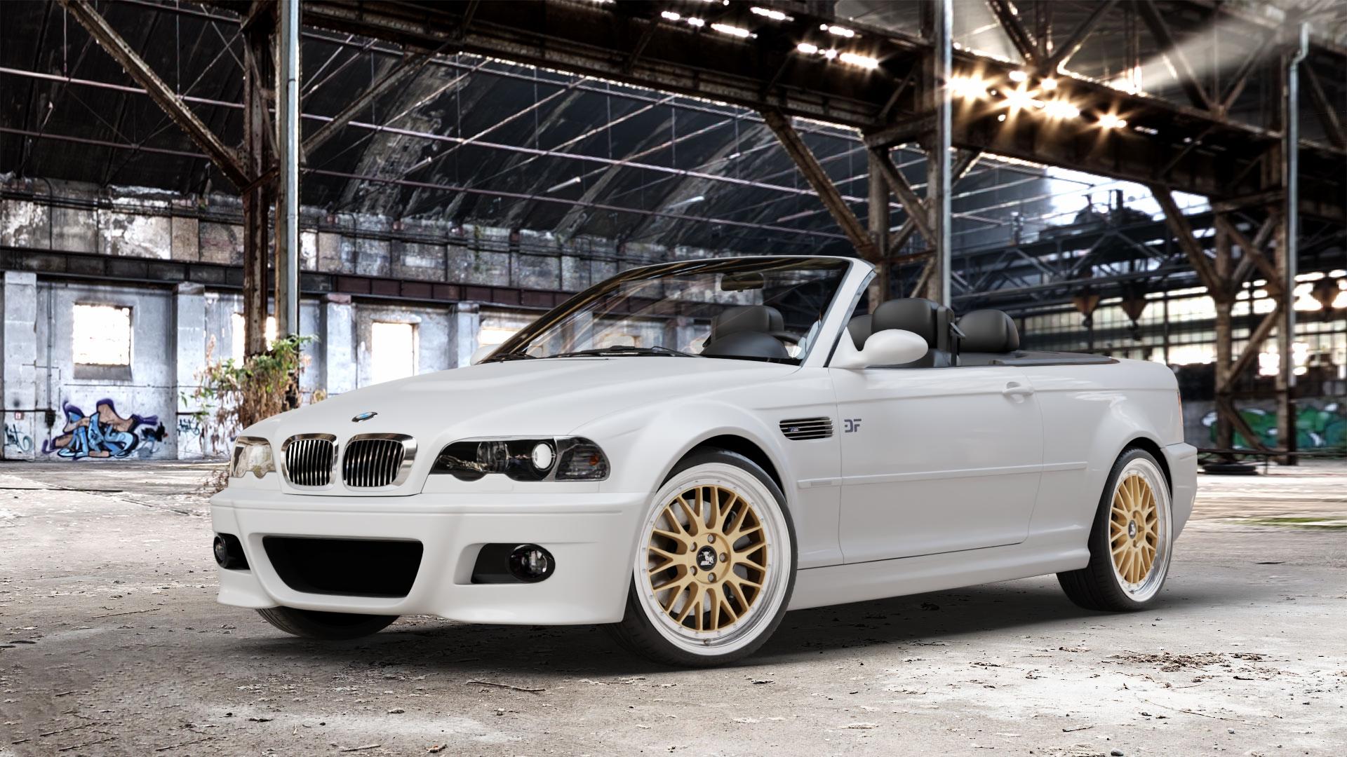 Ultrawheels UA3 GOLD / LIP POLISHED Felge mit Reifen mehrfarbig poliertes Felgenhorn in 19Zoll Alufelge auf weissem BMW 320cd Typ E46 (Cabrio) 2,0l 110kW (150 PS) 320ci 2,2l 125kW (170 323ci 2,5l 325ci 141kW (192 330cd 3,0l 150kW (204 330ci 170kW (231 318ci 105kW (143 M3 3er C ⬇️ mit 15mm Tieferlegung ⬇️ Old Industrial Hall_max_4400mm_2024 Frontansicht_1