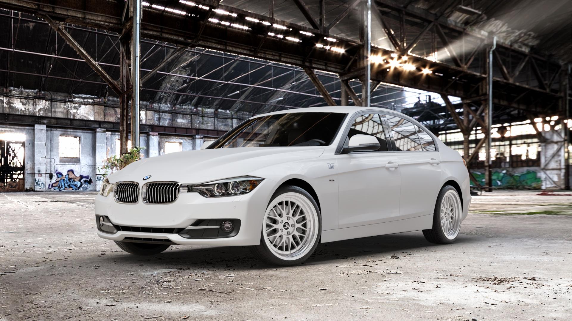 Ultrawheels UA3 SILVER / LIP POLISHED Felge mit Reifen silber in 19Zoll Alufelge auf weissem BMW 320i Typ F30 (Limousine) 328i 335i 320d 318d 316d 316i 330d xDrive EffDyn Edition 325d 335d ActiveHybrid 3L (F30) 318i 330i 340i 330e iPerformance 3er Limous ⬇️ mit 15mm Tieferlegung ⬇️ Old Industrial Hall_max_5300mm_2024 Frontansicht_1