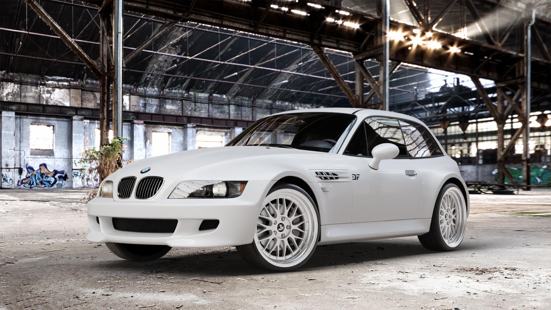 Ultrawheels UA3 SILVER / LIP POLISHED Felge mit Reifen silber in 19Zoll Alufelge auf weissem BMW Z3 Coupé Typ E36/8(S) (R/C) ⬇️ mit 15mm Tieferlegung ⬇️ Old Industrial Hall_max_4400mm_2024 Frontansicht_1