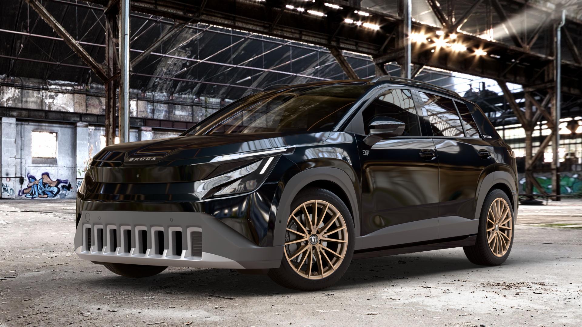 V1 Wheels V2 Bronze Matt lackiert Felge mit Reifen in 18Zoll Winterfelge Alufelge auf metallic schwarzem Skoda Epiq Typ PX ⬇️ mit 15mm Tieferlegung ⬇️ Old Industrial Hall_max_4400mm_2024 Frontansicht_1