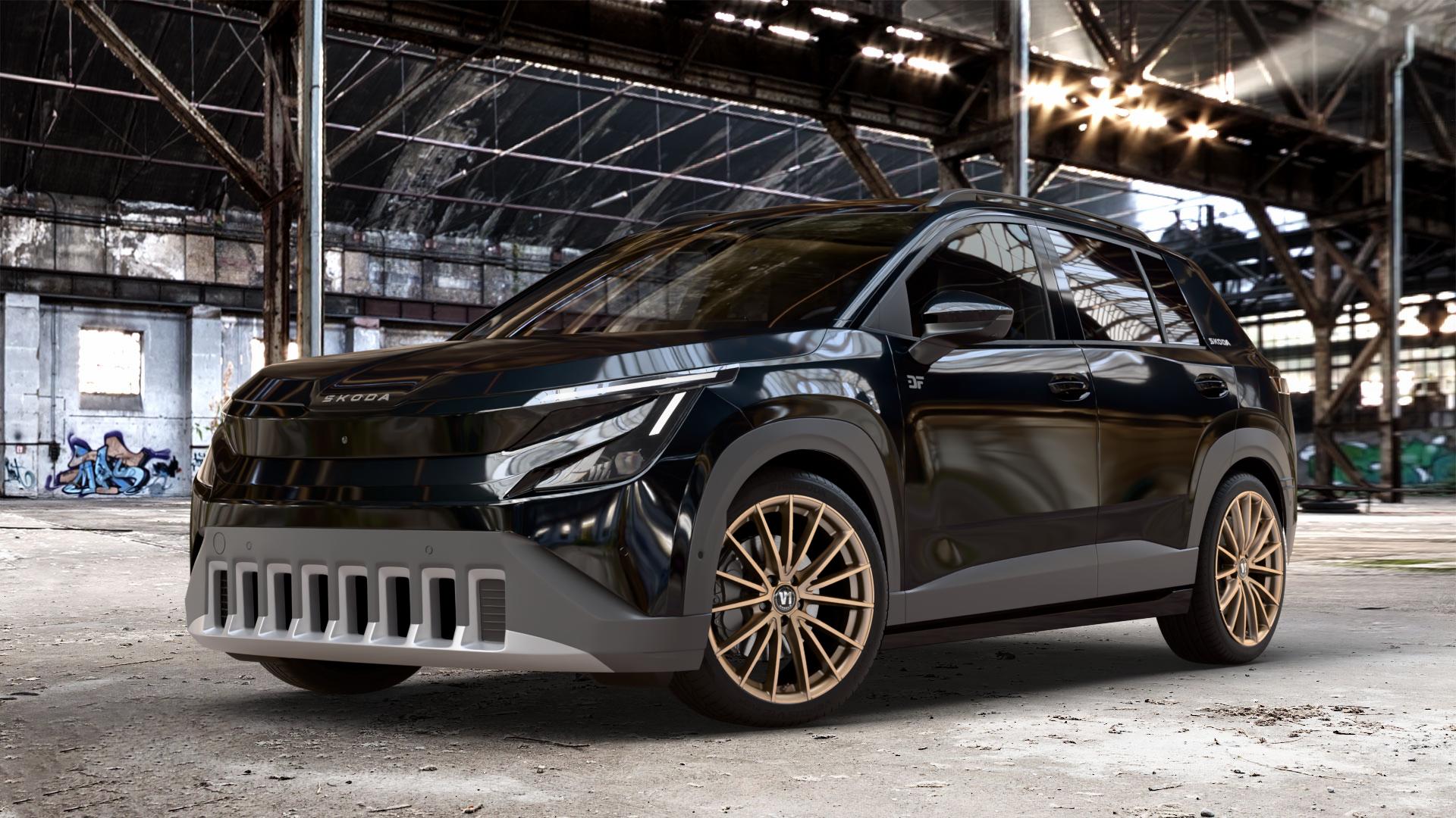 V1 Wheels V2 Bronze Matt lackiert Felge mit Reifen in 19Zoll Winterfelge Alufelge auf metallic schwarzem Skoda Epiq Typ PX ⬇️ mit 15mm Tieferlegung ⬇️ Old Industrial Hall_max_4400mm_2024 Frontansicht_1
