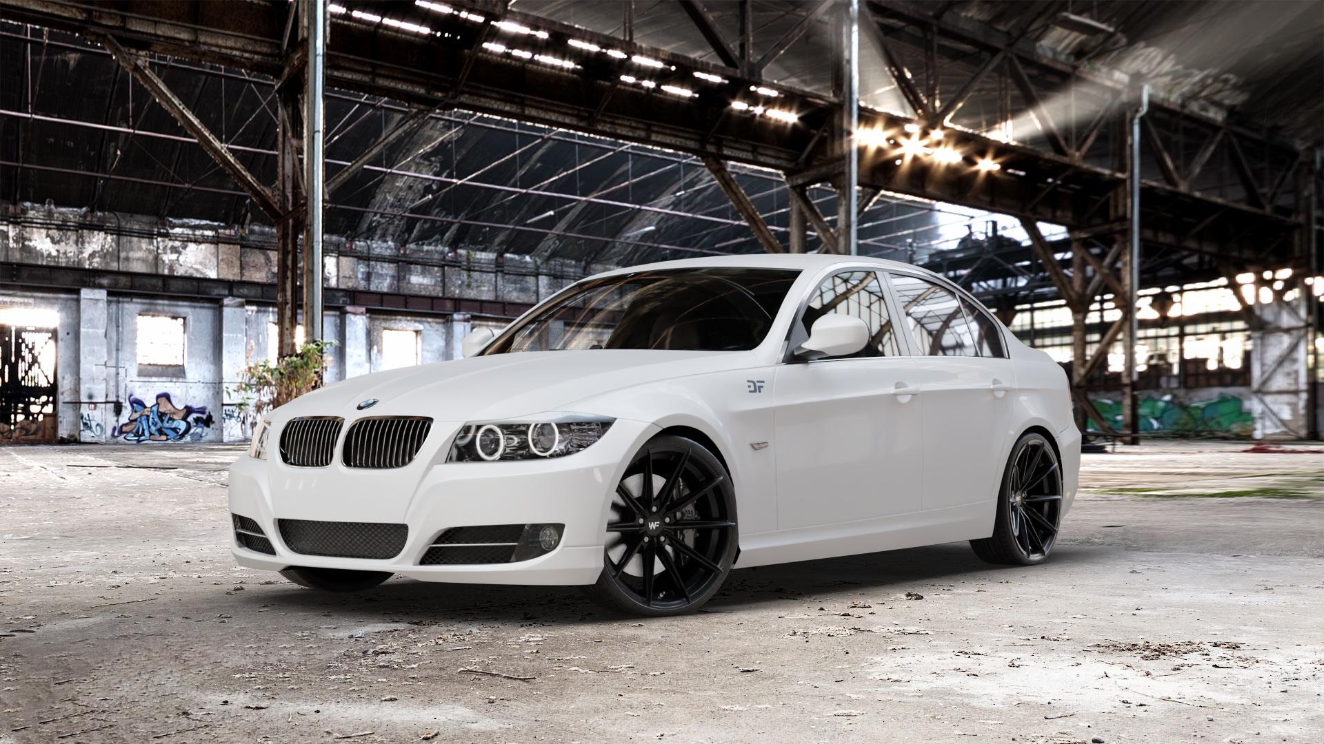 Wheelforce CF.3-FFR DEEP BLACK Felge mit Reifen schwarz in 20Zoll Winterfelge Alufelge auf weissem BMW 318i Typ E90 (Limousine) 320i 335i 335d 318d 320d 325i 330i 330d 316i 325xi 330xi 325d 330xd 320si M3 (M390) 320xd 316d 335xi 323i CRT 3er Limousine (390L, 3 ⬇️ mit 15mm Tieferlegung ⬇️ Old Industrial Hall_max_5300mm_2024 Frontansicht_1