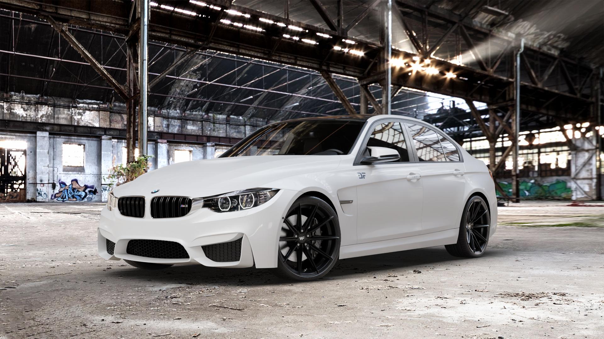 Wheelforce CF.3-FFR DEEP BLACK Felge mit Reifen schwarz in 20Zoll Winterfelge Alufelge auf weissem BMW M3 Typ F80 (Limousine) CS ⬇️ mit 15mm Tieferlegung ⬇️ Old Industrial Hall_max_5300mm_2024 Frontansicht_1