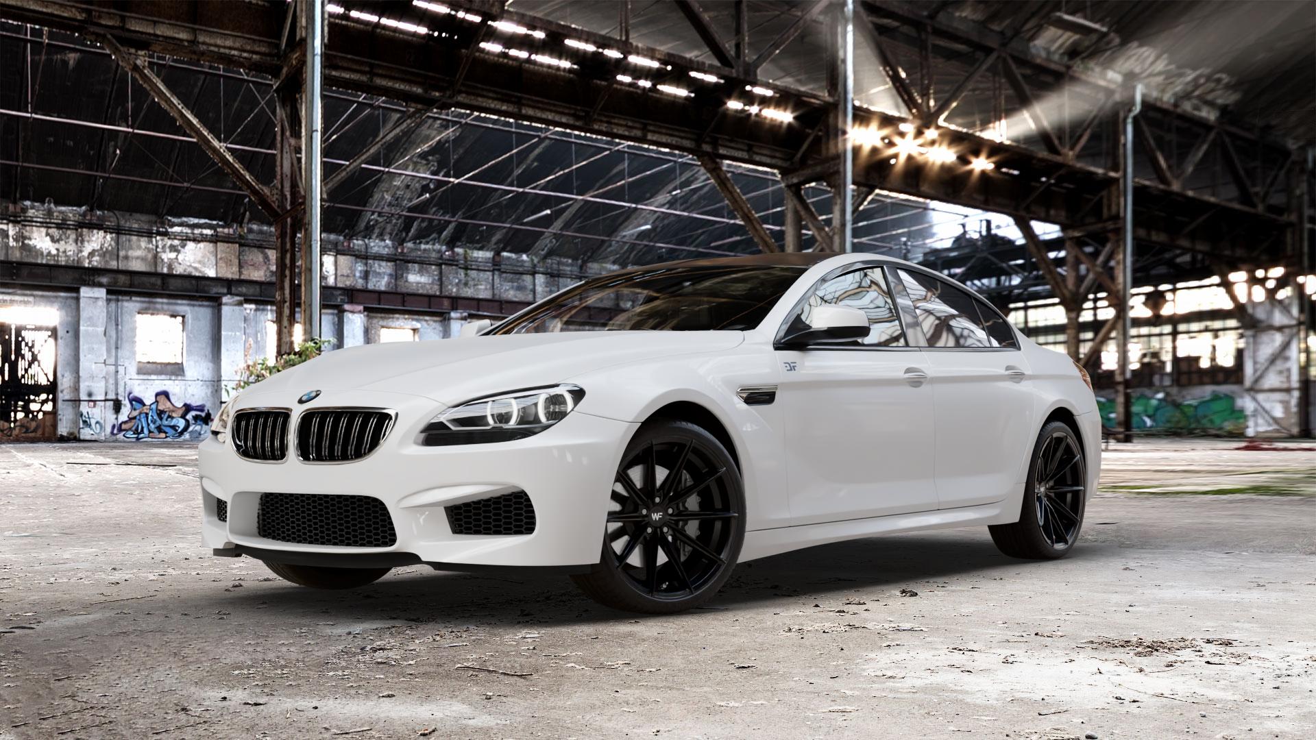 Wheelforce CF.3-FFR DEEP BLACK Felge mit Reifen schwarz in 20Zoll Winterfelge Alufelge auf weissem BMW M6 Gran Coupe Typ F06 4,4l 412kW (560 PS) 423kW Competition (575 441kW Edition 30 (600 ⬇️ mit 15mm Tieferlegung ⬇️ Old Industrial Hall_max_5300mm_2024 Frontansicht_1