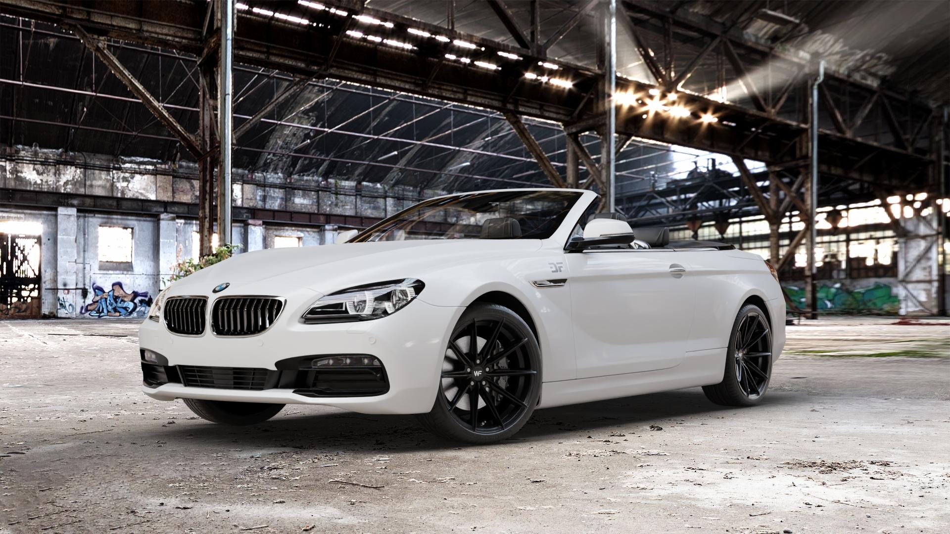 Wheelforce CF.3-FFR DEEP BLACK Felge mit Reifen schwarz in 20Zoll Winterfelge Alufelge auf weissem BMW M6 Typ E64 (Cabrio) 640i F12 640d 650i xDrive 6er Cabrio (663C) (6C) ⬇️ mit 15mm Tieferlegung ⬇️ Old Industrial Hall_max_5300mm_2024 Frontansicht_1