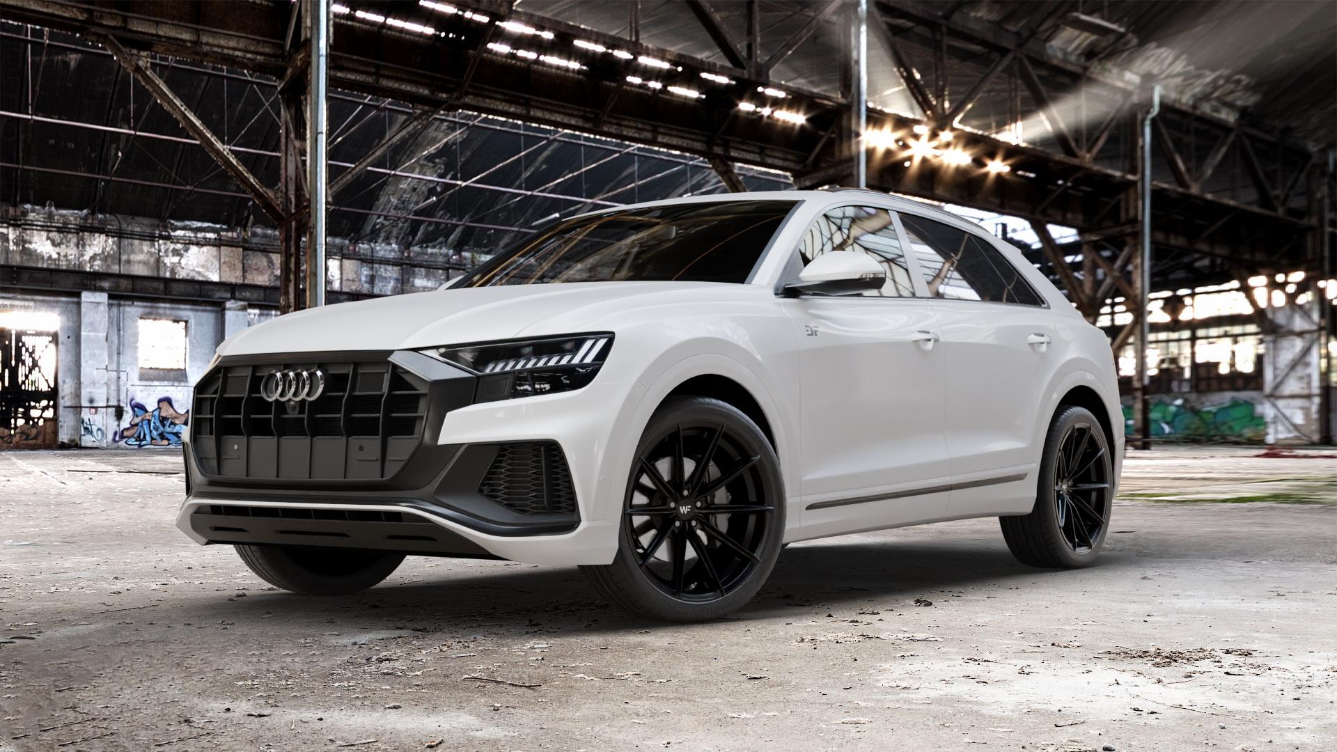 Wheelforce CF.3-FFR DEEP BLACK Felge mit Reifen schwarz in 22Zoll Winterfelge Alufelge auf weissem Audi Q8 Typ 4M (4L) ⬇️ mit 15mm Tieferlegung ⬇️ Old Industrial Hall_max_5300mm_2024 Frontansicht_1