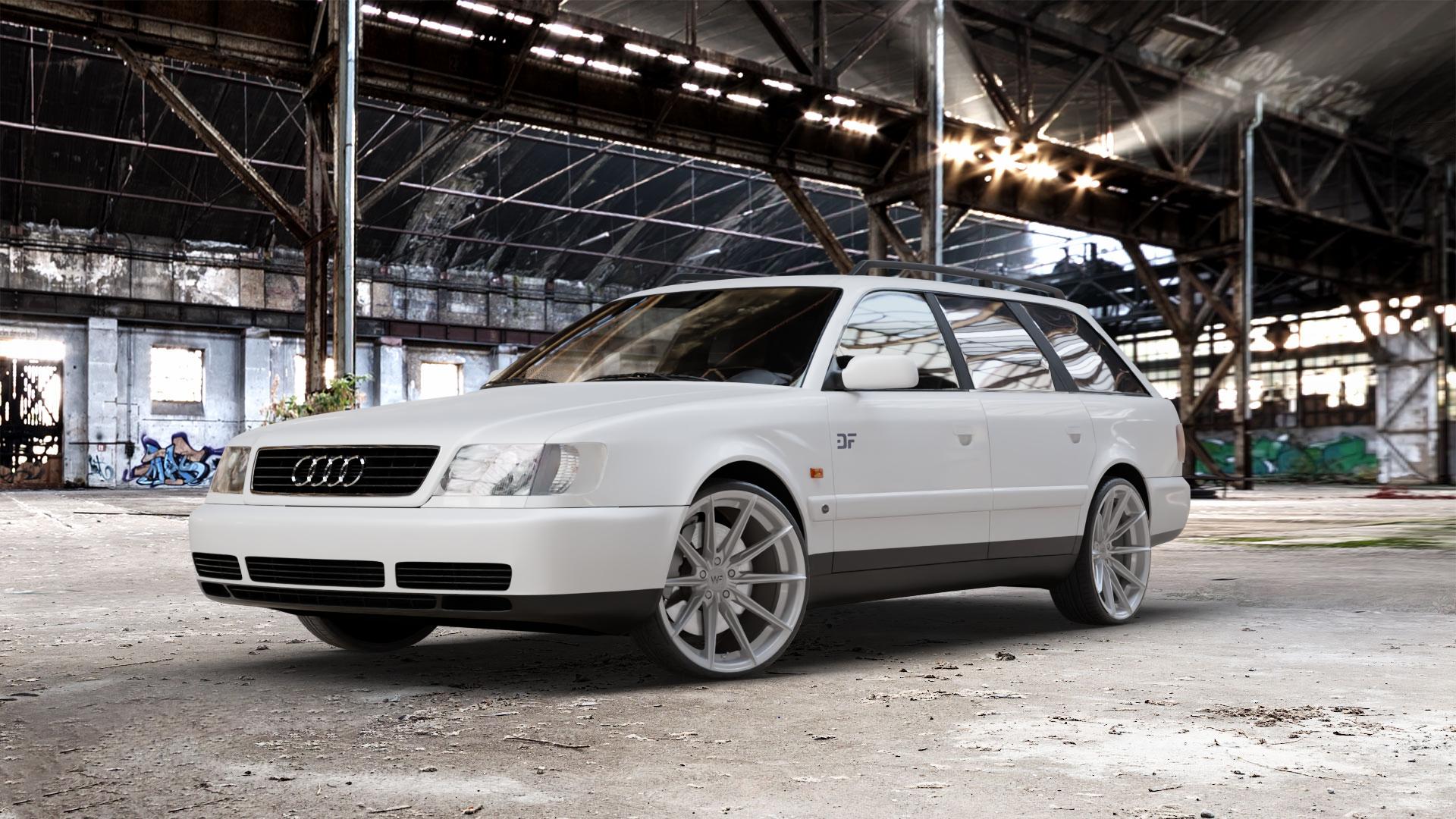 Wheelforce CF.3-FFR GLOSS STEEL Felge mit Reifen silber in 20Zoll Winterfelge Alufelge auf weissem Audi 100 Typ C4 (Avant) A6 4A/C4 ⬇️ mit 15mm Tieferlegung ⬇️ Old Industrial Hall_max_5300mm_2024 Frontansicht_1