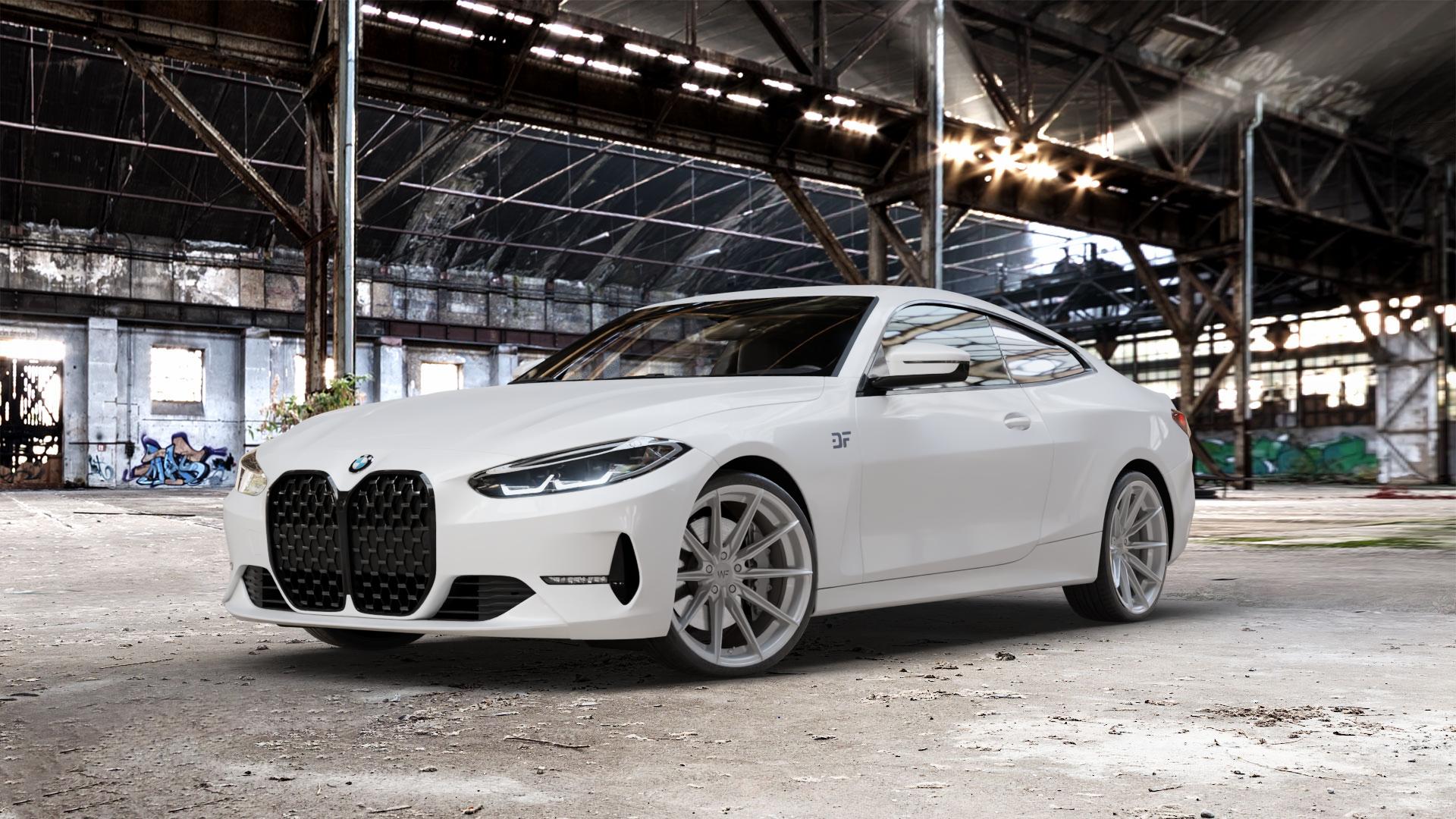 Wheelforce CF.3-FFR GLOSS STEEL Felge mit Reifen silber in 20Zoll Winterfelge Alufelge auf weissem BMW M4 Typ G82 (Coupe) CSL 4er G22 Coupé (G3C) ⬇️ mit 15mm Tieferlegung ⬇️ Old Industrial Hall_max_5300mm_2024 Frontansicht_1