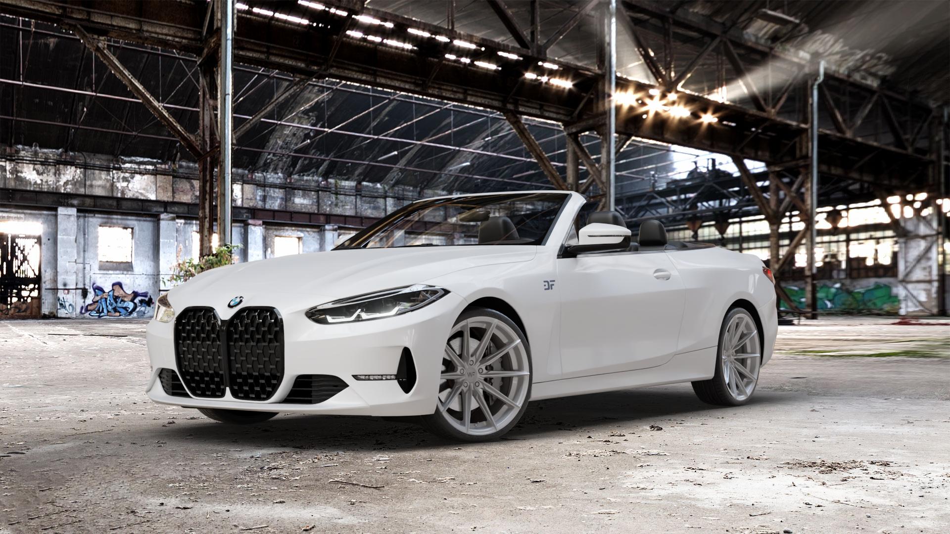 Wheelforce CF.3-FFR GLOSS STEEL Felge mit Reifen silber in 20Zoll Winterfelge Alufelge auf weissem BMW M4 Typ G83 (Cabrio) 4er G23 Cabrio (G3C) ⬇️ mit 15mm Tieferlegung ⬇️ Old Industrial Hall_max_5300mm_2024 Frontansicht_1