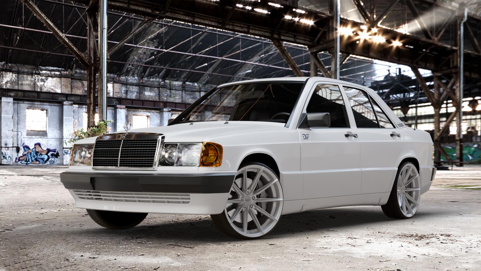 Wheelforce CF.3-FFR GLOSS STEEL Felge mit Reifen silber in 20Zoll Winterfelge Alufelge auf weissem Mercedes 190 Typ W201 190er ⬇️ mit 15mm Tieferlegung ⬇️ Old Industrial Hall_max_4400mm_2024 Frontansicht_1