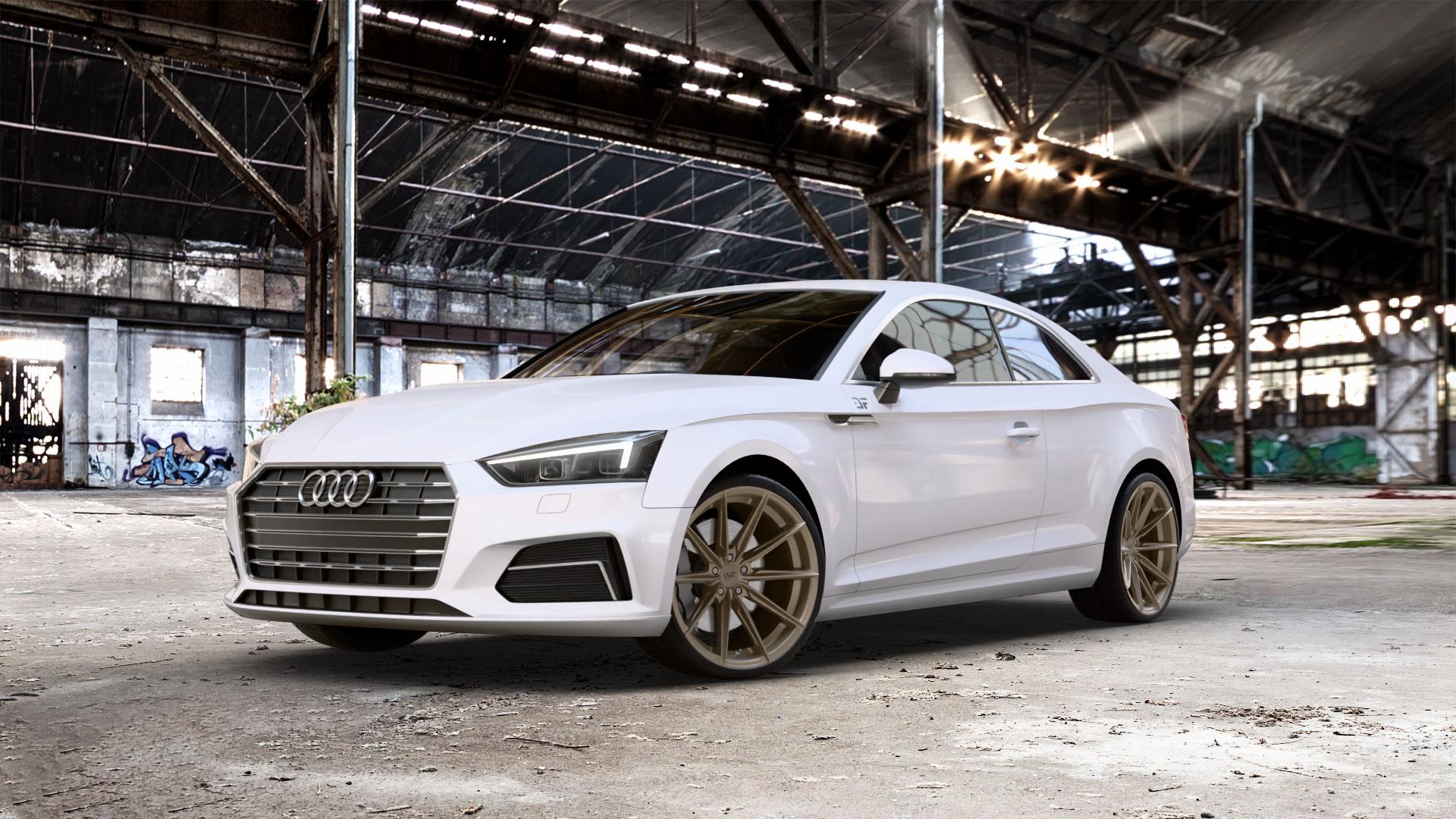 Wheelforce CF.3-FFR SATIN BRONZE Felge mit Reifen in 20Zoll Winterfelge Alufelge auf weissem Audi A5 Typ B9 (Coupé) ⬇️ mit 15mm Tieferlegung ⬇️ Old Industrial Hall_max_5300mm_2024 Frontansicht_1