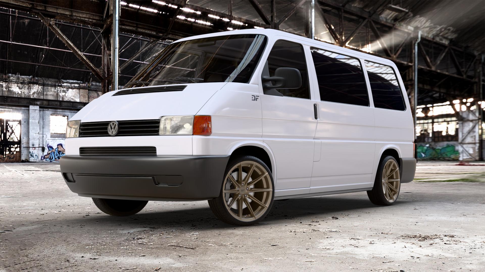 Wheelforce CF.3-FFR SATIN BRONZE Felge mit Reifen in 20Zoll Winterfelge Alufelge auf weissem Volkswagen (VW) T4 California Caravelle Kleinbus Multivan Krankenwagen ⬇️ mit 15mm Tieferlegung ⬇️ Old Industrial Hall_max_5300mm_2024 Frontansicht_1