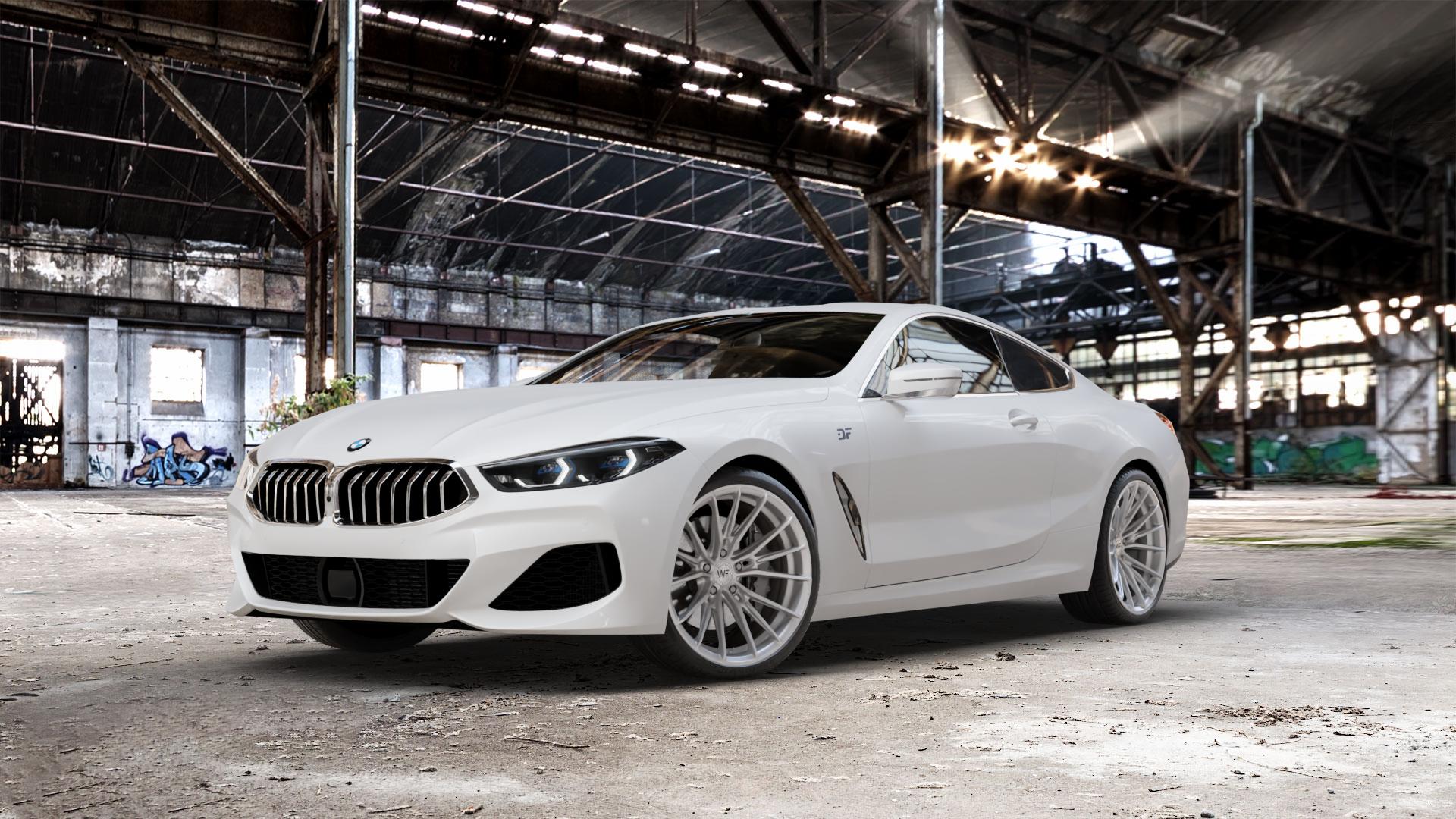 Wheelforce CF.4-FFR GLOSS STEEL Felge mit Reifen silber in 20Zoll Winterfelge Alufelge auf weissem BMW 840d xDrive Typ G15 M850i 840i M8 F8CM (Coupe) 8er Coupé (G8C) ⬇️ mit 15mm Tieferlegung ⬇️ Old Industrial Hall_max_5300mm_2024 Frontansicht_1
