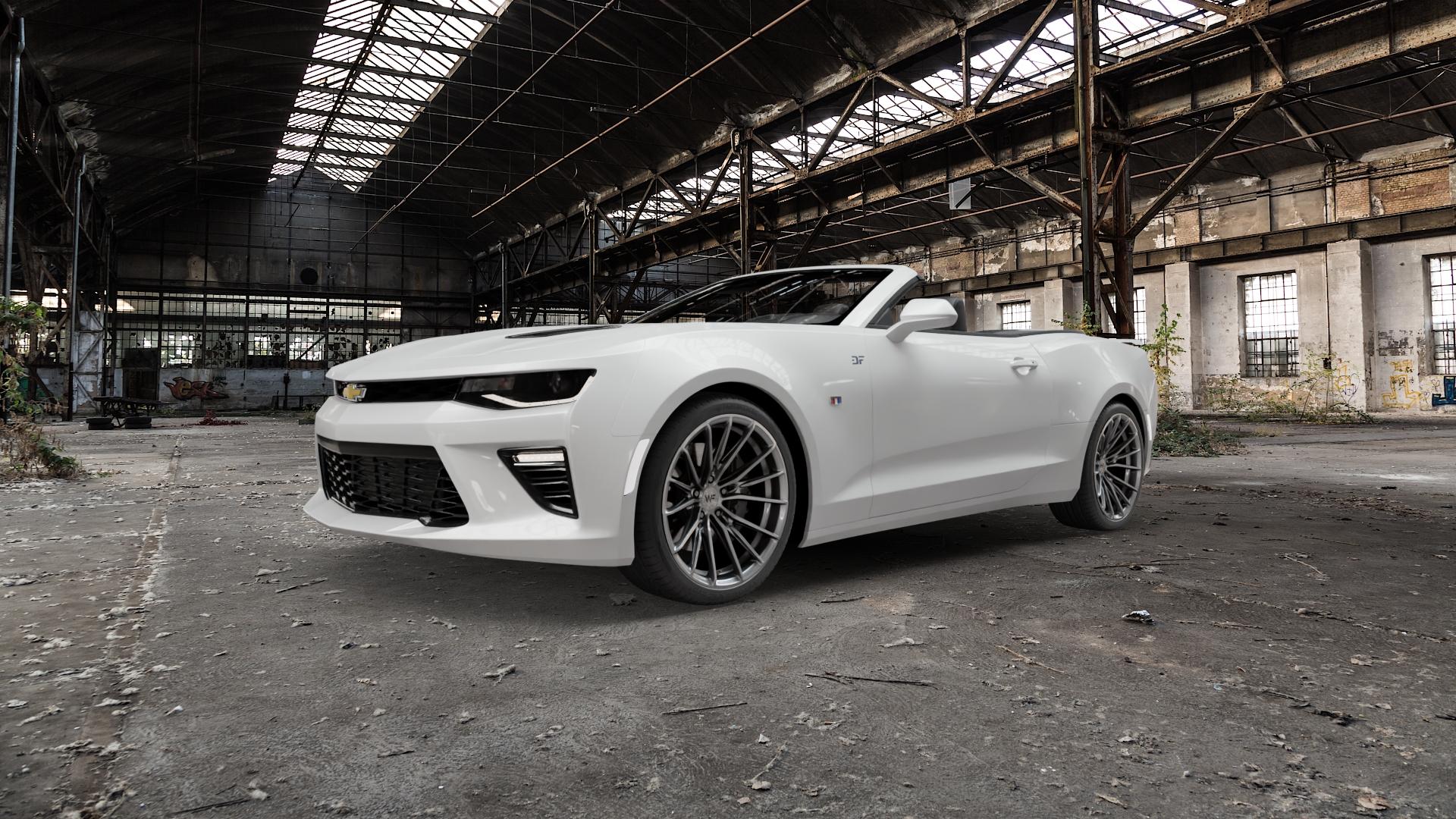 Wheelforce CF.4-FFR GLOSS STEEL Felge mit Reifen silber in 20Zoll Winterfelge Alufelge auf weissem Chevrolet Camaro VI Cabrio Typ A1XC ⬇️ mit 15mm Tieferlegung ⬇️ Old Industrial Hall_max5000mm_2022 Frontansicht_1
