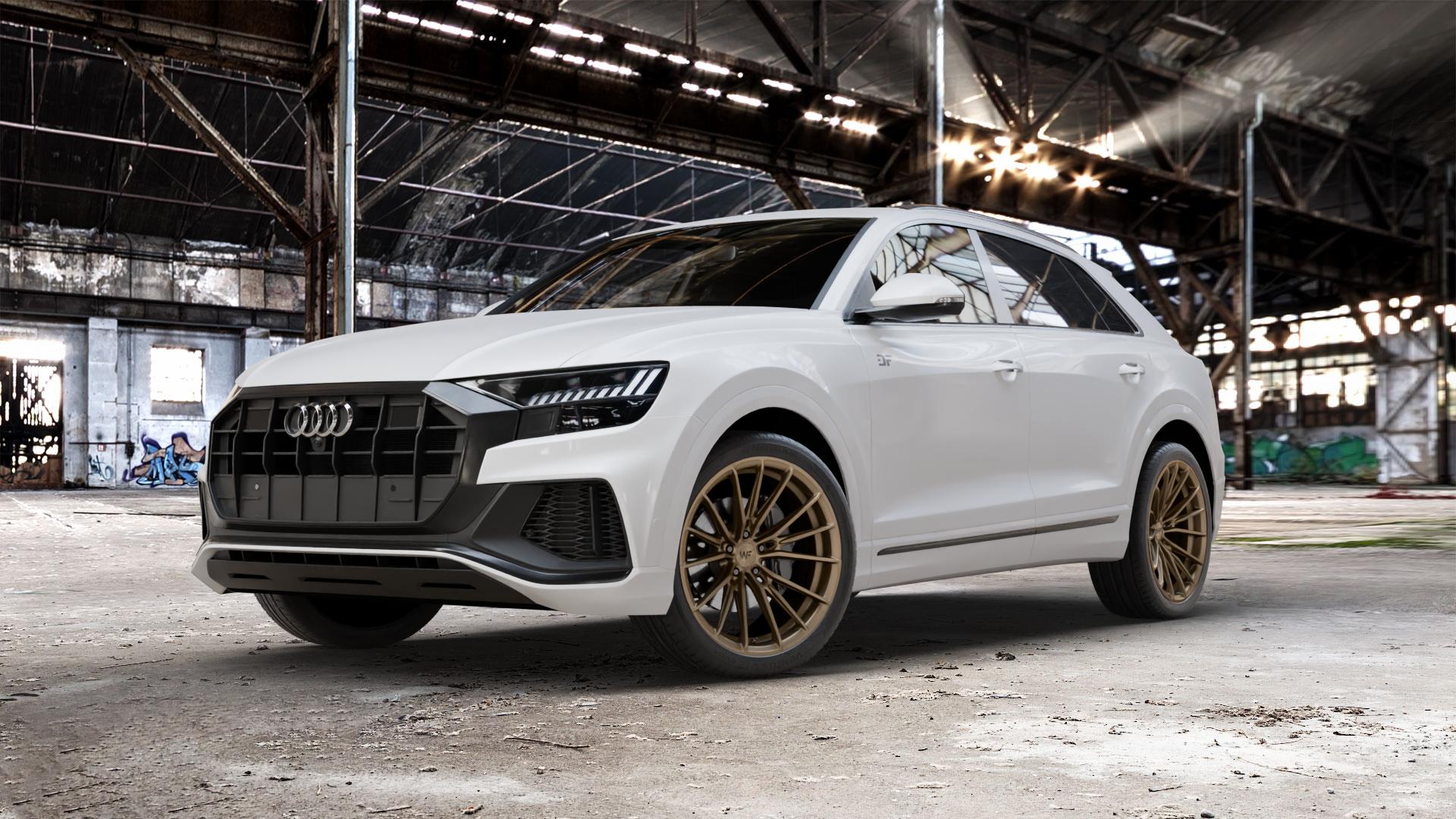 Wheelforce CF.4-FFR SATIN BRONZE Felge mit Reifen in 22Zoll Winterfelge Alufelge auf weissem Audi Q8 Typ 4M (4L) ⬇️ mit 15mm Tieferlegung ⬇️ Old Industrial Hall_max_5300mm_2024 Frontansicht_1
