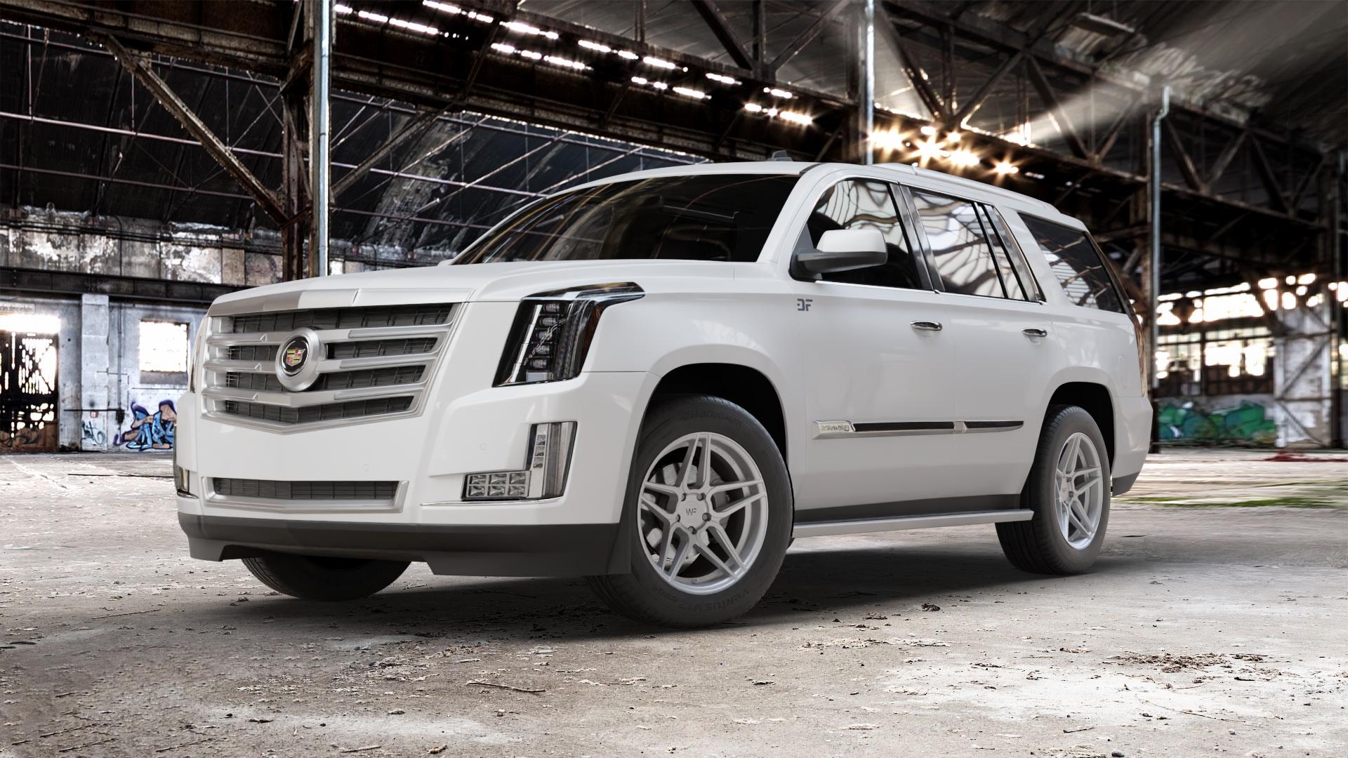 Wheelforce CF1-RS FROZEN SILVER Felge mit Reifen silber in 19Zoll Winterfelge Alufelge auf weissem Cadillac Escalade Typ GMT K2XX ⬇️ mit 15mm Tieferlegung ⬇️ Old Industrial Hall_max_5300mm_2024 Frontansicht_1