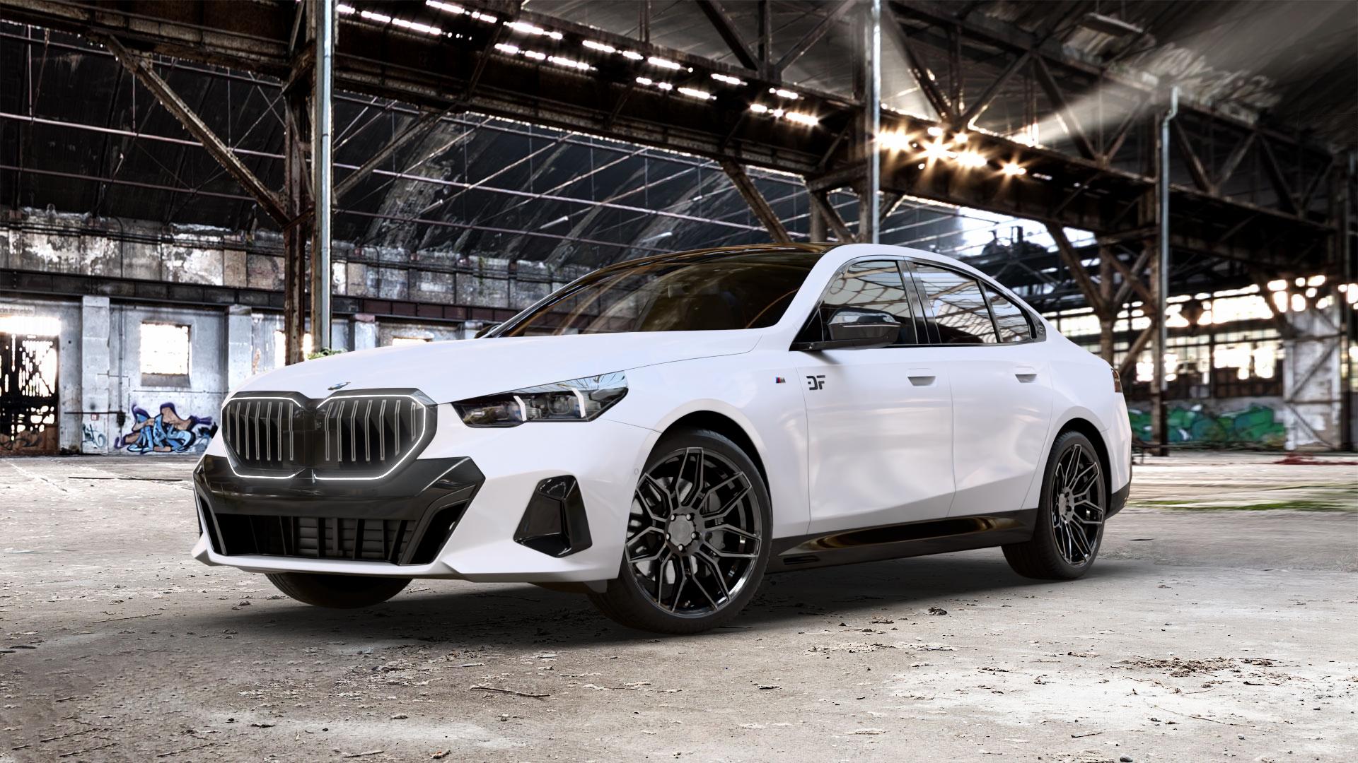 Wheelforce CF2-FF BRUSHED SHADOW Felge mit Reifen grau schwarz in 20Zoll Winterfelge Alufelge auf weissem BMW 550e xDrive Typ G60 (Limousine) ⬇️ mit 15mm Tieferlegung ⬇️ Old Industrial Hall_max_5300mm_2024 Frontansicht_1