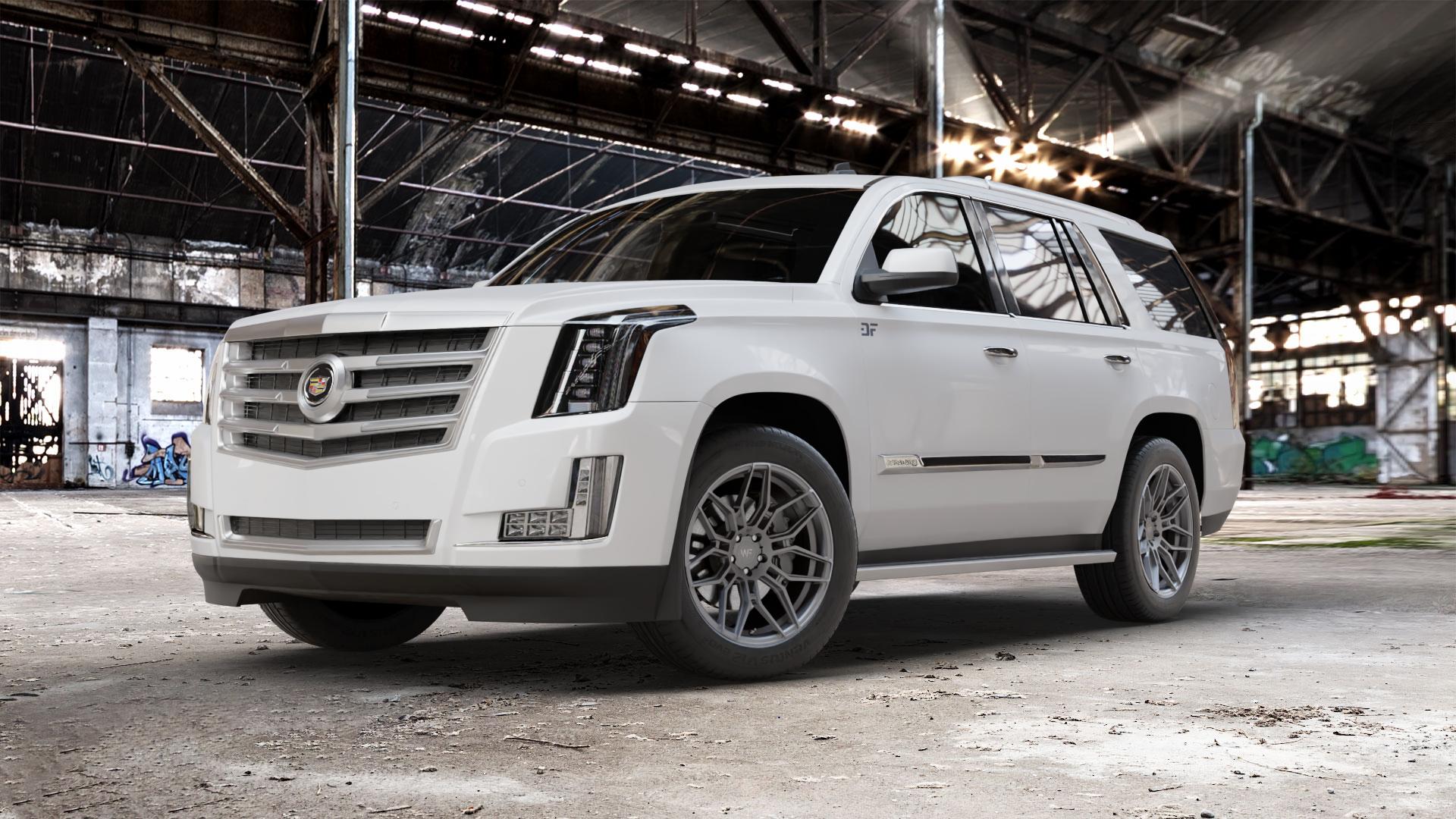 Wheelforce CF2-FF DARK STEEL Felge mit Reifen anthrazit in 20Zoll Winterfelge Alufelge auf weissem Cadillac Escalade Typ GMT K2XX ⬇️ mit 15mm Tieferlegung ⬇️ Old Industrial Hall_max_5300mm_2024 Frontansicht_1