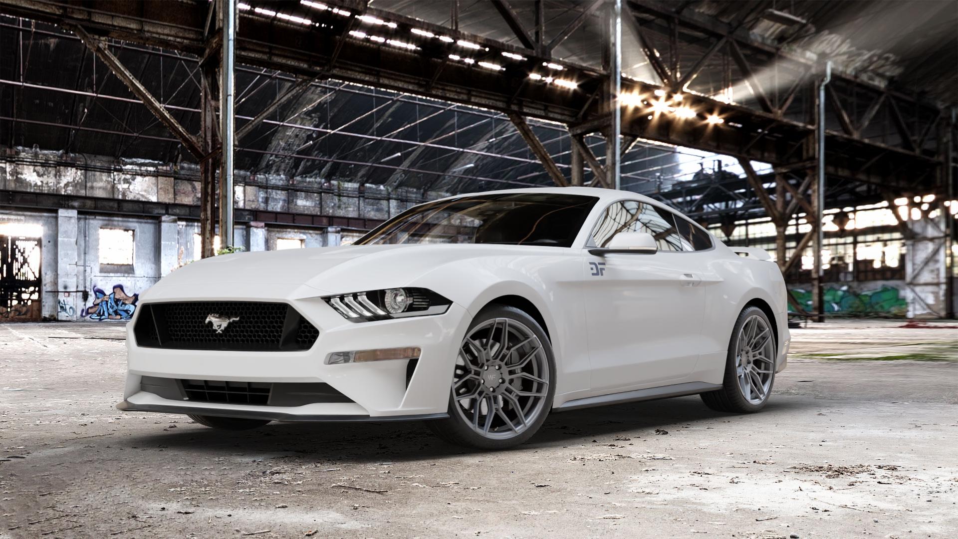 Wheelforce CF2-FF DARK STEEL Felge mit Reifen anthrazit in 20Zoll Winterfelge Alufelge auf weissem Ford Mustang VI Coupe Typ LAE Facelift ⬇️ mit 15mm Tieferlegung ⬇️ Old Industrial Hall_max_5300mm_2024 Frontansicht_1