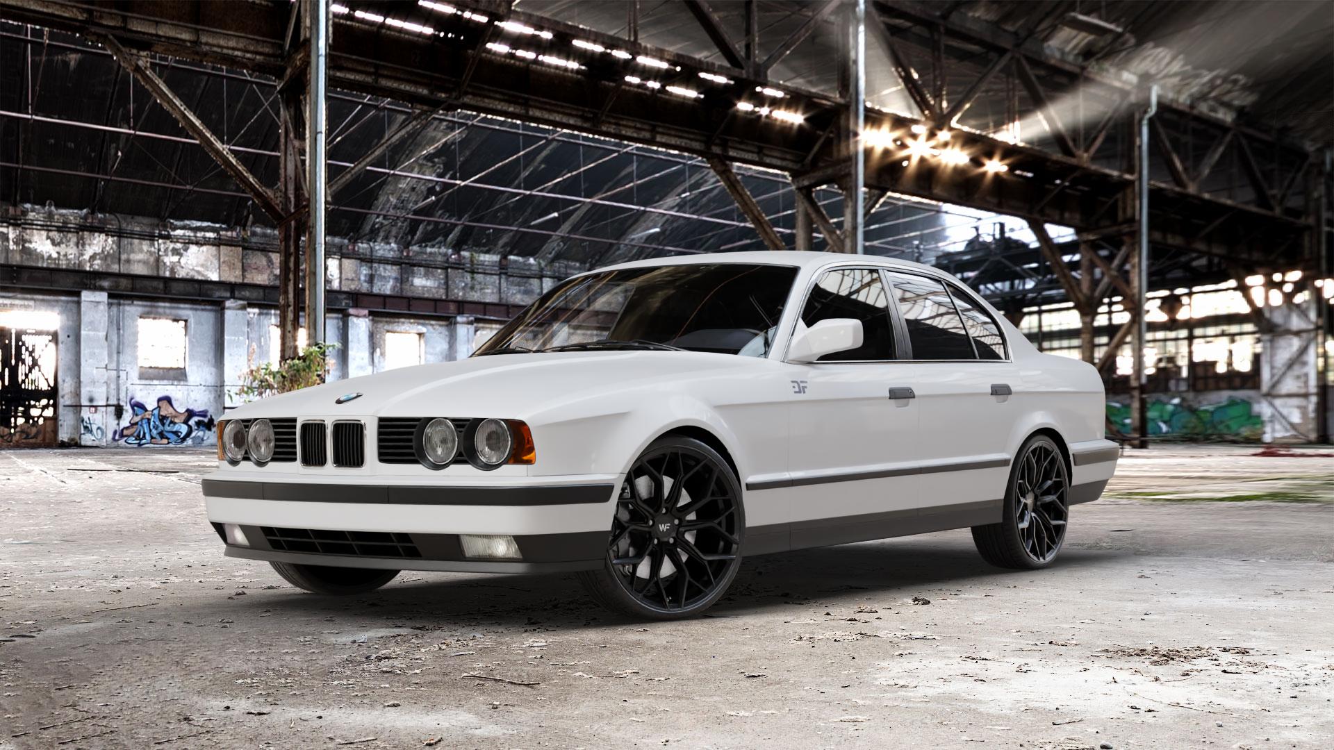 Wheelforce HE1-FF DEEP BLACK Felge mit Reifen schwarz in 20Zoll Winterfelge Alufelge auf weissem BMW M5 Typ E34 (Limousine) 520i 525i 530i 535i 540i 525tds 518i 525td 524td E28 525ix (Touring) 5er Limousine (5/1) (5/H) Touring 6er E24 Coupé (6 CS) E12 1500- ⬇️ mit 15mm Tieferlegung ⬇️ Old Industrial Hall_max_5300mm_2024 Frontansicht_1