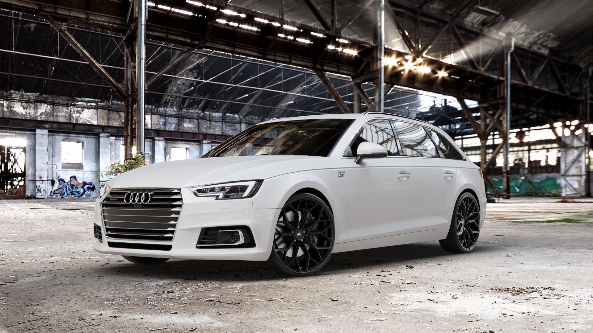 Wheelforce HE1-FF DEEP BLACK Felge mit Reifen schwarz in 21Zoll Winterfelge Alufelge auf weissem Audi A4 Typ B9 (Avant) ⬇️ mit 15mm Tieferlegung ⬇️ Old Industrial Hall_max_5300mm_2024 Frontansicht_1