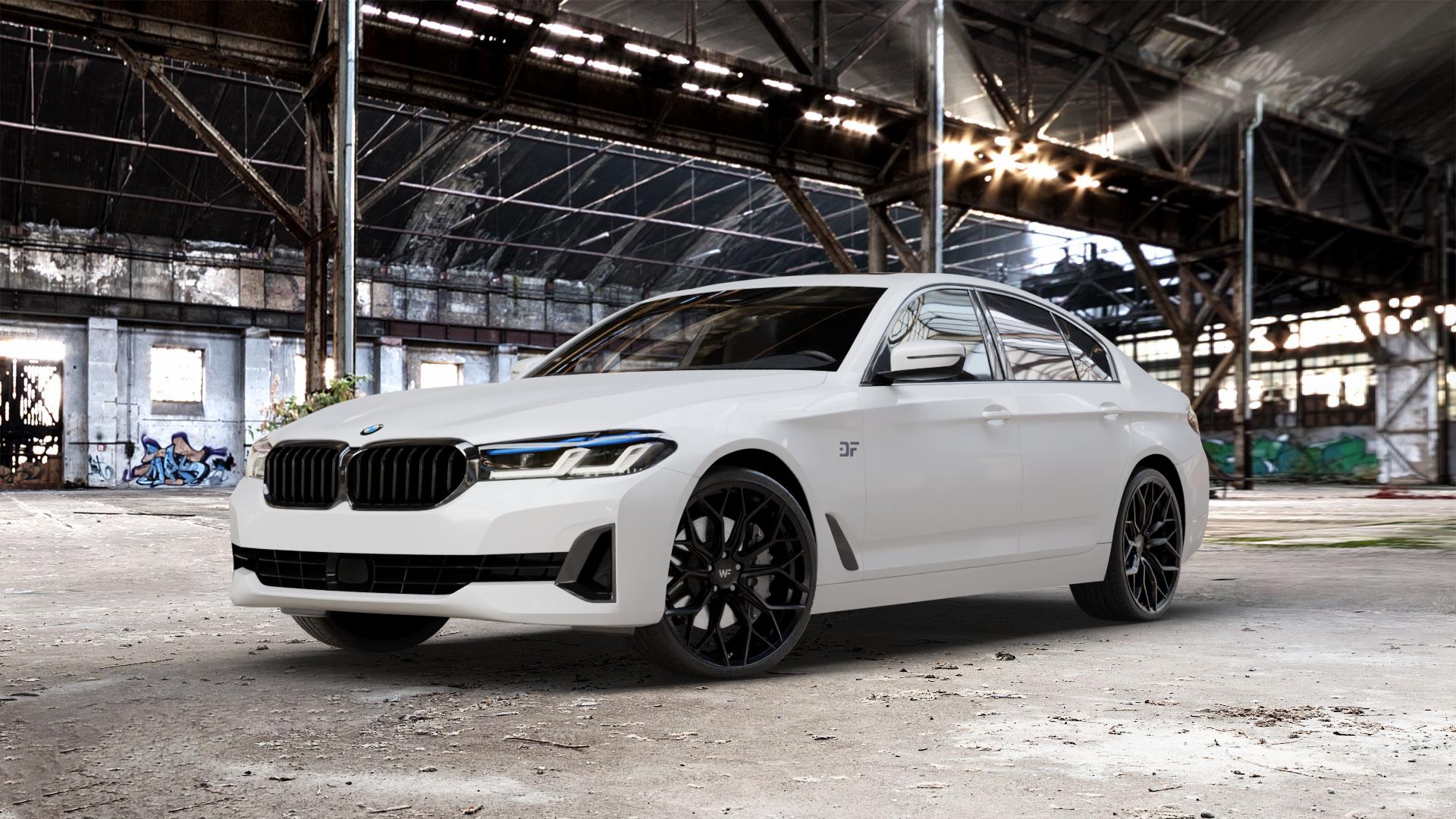 Wheelforce HE1-FF DEEP BLACK Felge mit Reifen schwarz in 21Zoll Winterfelge Alufelge auf weissem BMW 5er G30 Limousine (G5L) Facelift ⬇️ mit 15mm Tieferlegung ⬇️ Old Industrial Hall_max_5300mm_2024 Frontansicht_1