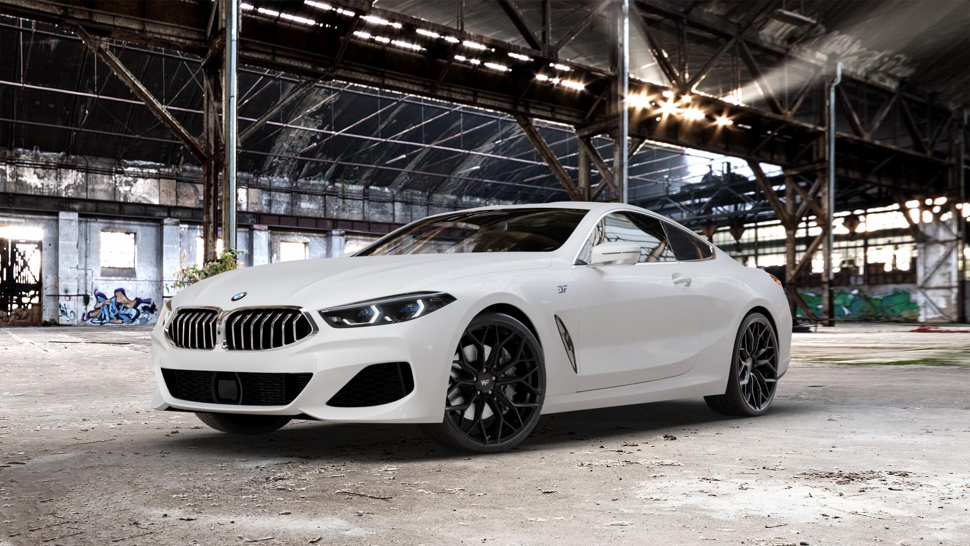 Wheelforce HE1-FF DEEP BLACK Felge mit Reifen schwarz in 21Zoll Winterfelge Alufelge auf weissem BMW 840d xDrive Typ G15 M850i 840i M8 F8CM (Coupe) 8er Coupé (G8C) ⬇️ mit 15mm Tieferlegung ⬇️ Old Industrial Hall_max_5300mm_2024 Frontansicht_1