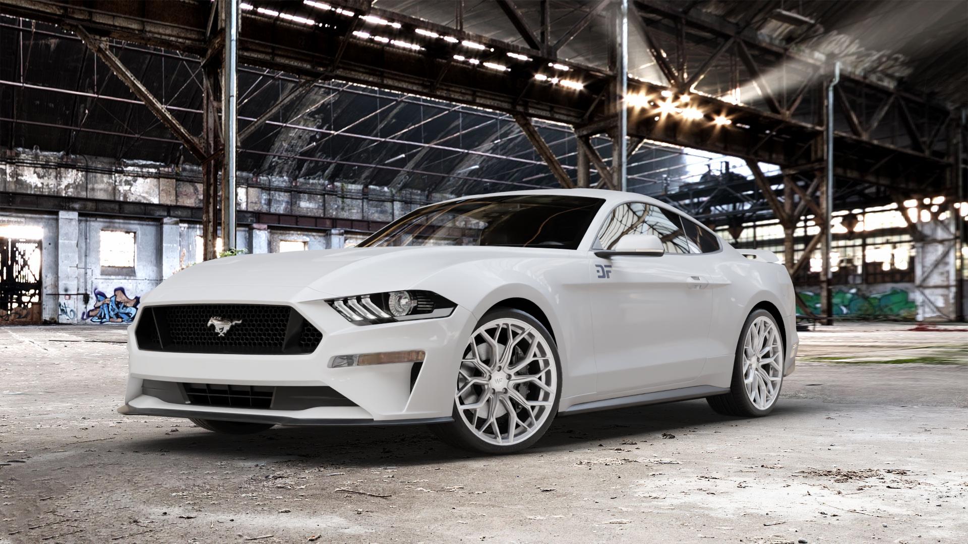 Wheelforce HE1-FF FROZEN SILVER Felge mit Reifen silber in 21Zoll Winterfelge Alufelge auf weissem Ford Mustang VI Coupe Typ LAE Facelift ⬇️ mit 15mm Tieferlegung ⬇️ Old Industrial Hall_max_5300mm_2024 Frontansicht_1