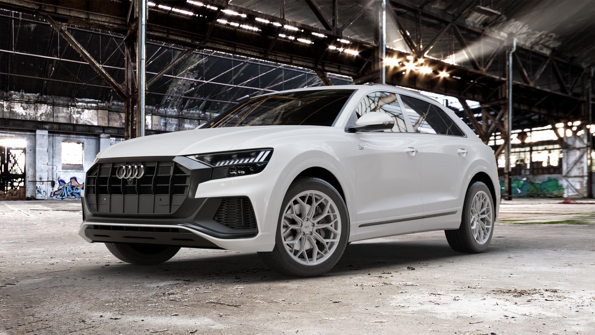 Wheelforce HE1-FF GLOSS STEEL Felge mit Reifen silber in 20Zoll Winterfelge Alufelge auf weissem Audi Q8 Typ 4M (4L) ⬇️ mit 15mm Tieferlegung ⬇️ Old Industrial Hall_max_5300mm_2024 Frontansicht_1